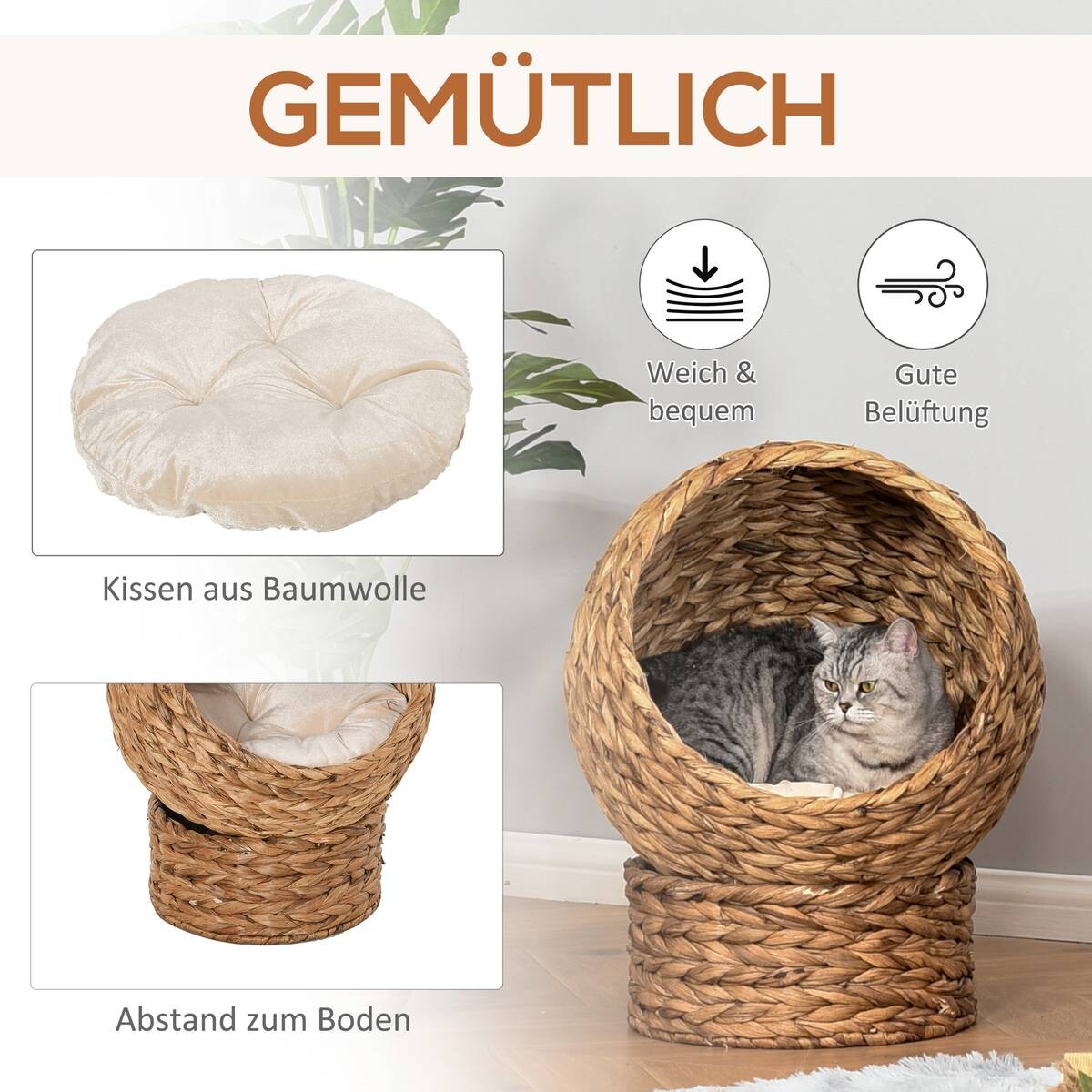 PawHut Katzenhaus natur Wasserhyazinthe H/L: ca. 60x42 cm