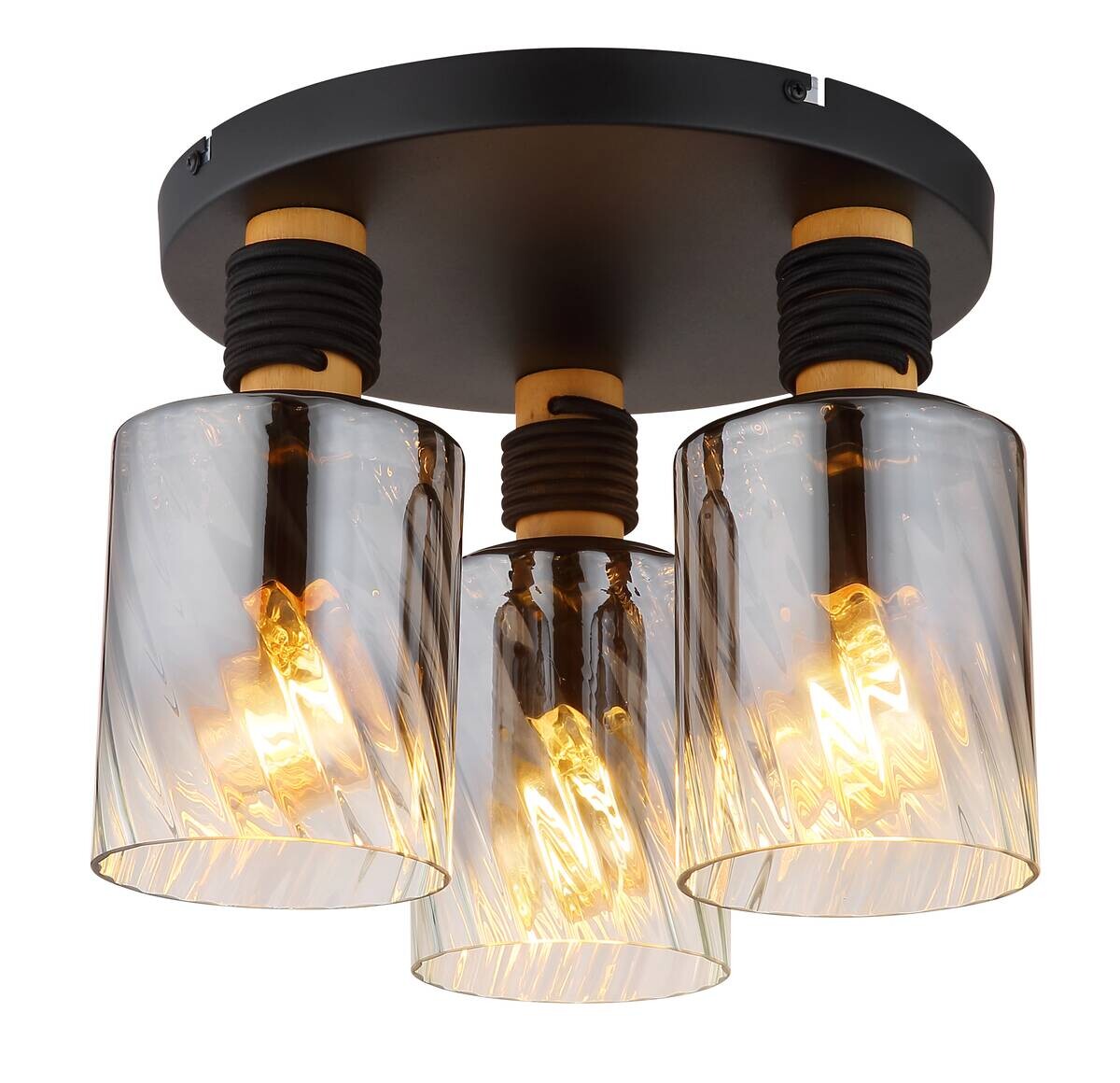 GLOBO Deckenleuchte mattschwarz braun Rauch Holz Metall Glas H/D: ca. 25,4x32 cm E27 3 Brennstellen