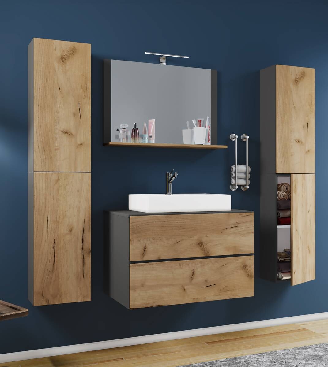 Waschplatz 5tlg-Lendas weiß anthrazit Eiche Honig Nachbildung B/H/T: ca. 60x52x52 cm