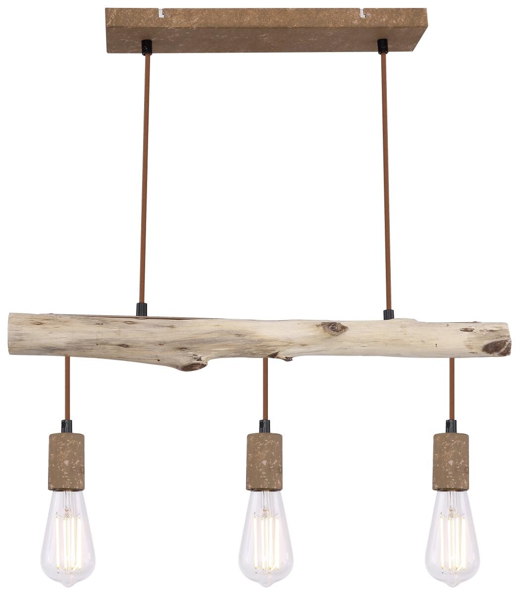 GLOBO Pendelleuchte Jakob rostfarbig Metall Echtholz B/H/T: ca. 60x120x9 cm E27 3 Brennstellen