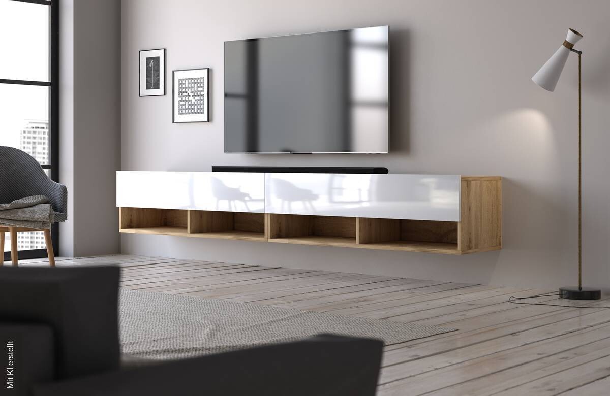 TV-Lowboard TV LOWBOARD DERBY 200 Eiche Wotan Nachbildung weiß glänzend B/H/T: ca. 200x32,5x31,5 cm