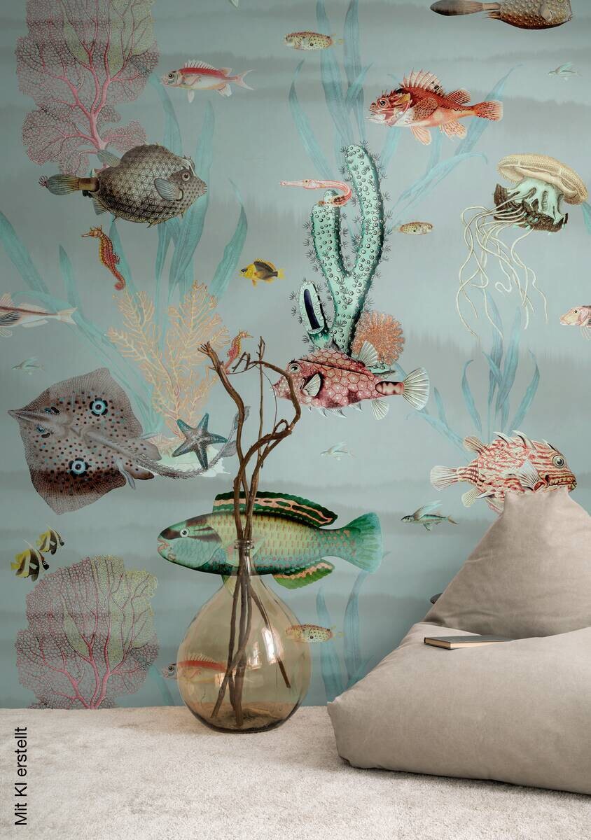 Livingwalls Fototapete Fische blau bunt rosa B/L: ca. 280x159 cm