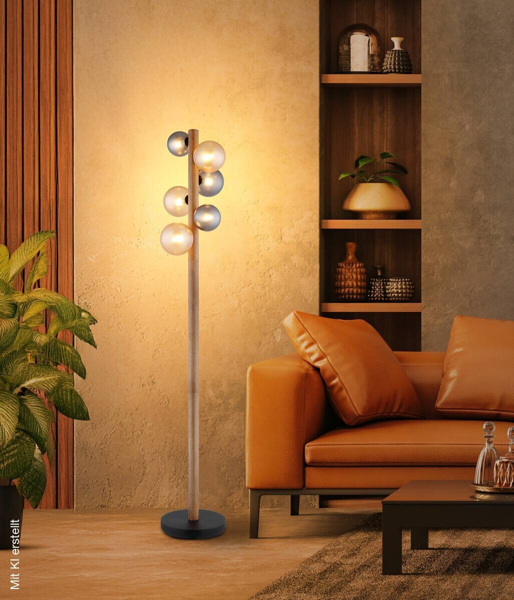 GLOBO Stehlampe dunkelbraun Rauch amber Holz Glas Metall H/D: ca. 150x29 cm 6 Brennstellen