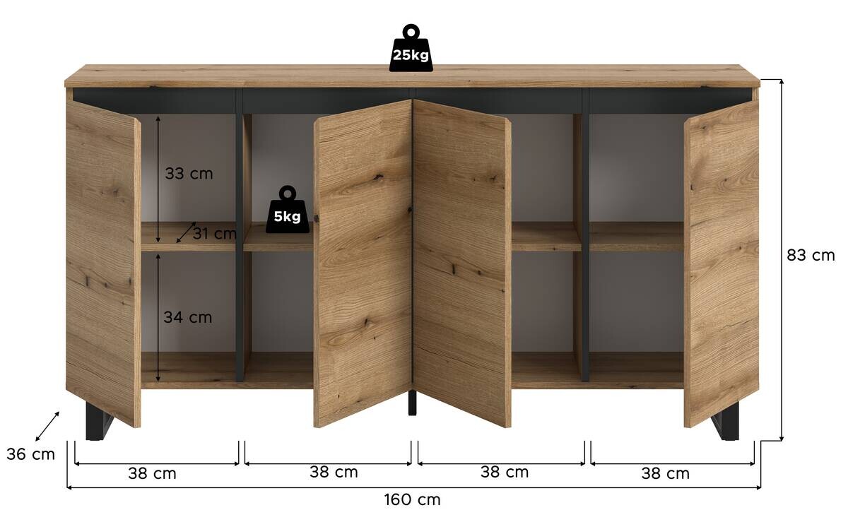 Sideboard Tomasa Evoke Oak Nachbildung schwarz B/H/T: ca. 160x84x36 cm