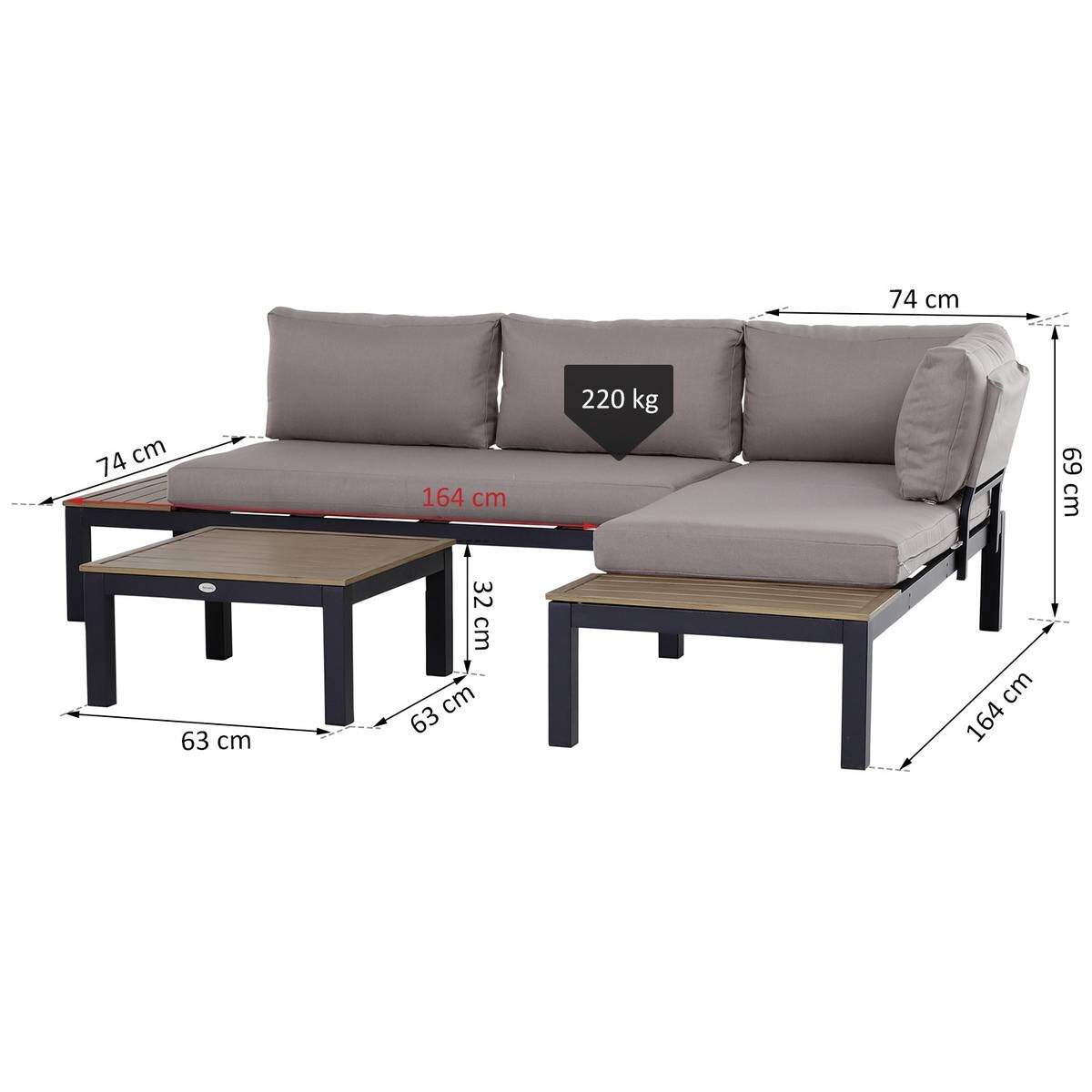 Outsunny Gartengarnitur grau Aluminium B/H/L: ca. 164x69x74 cm