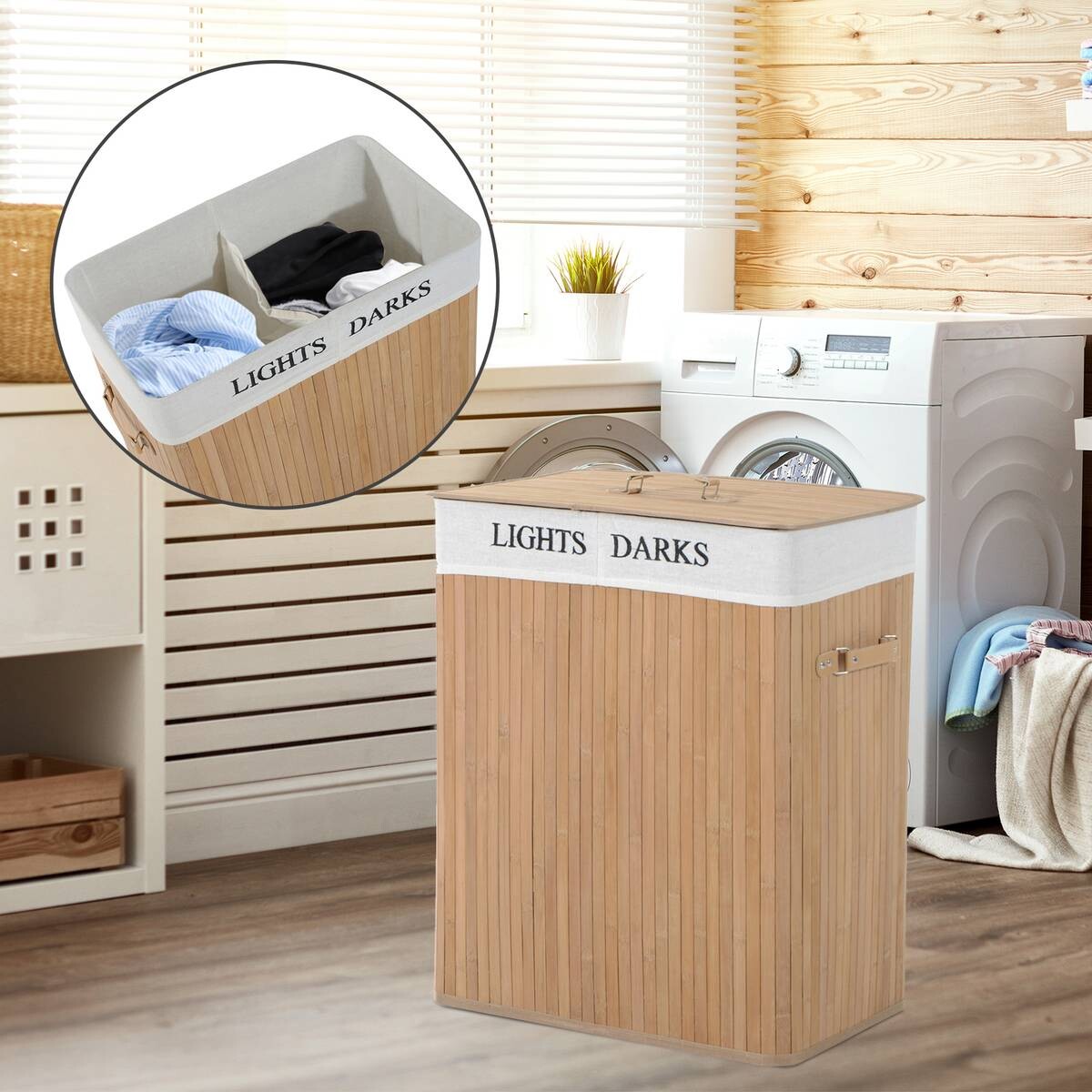 HOMCOM Wäschekorb mit 2 Tragegriffen natur Bambus Stoff Kunststoff B/H/L: ca. 32x63x52 cm