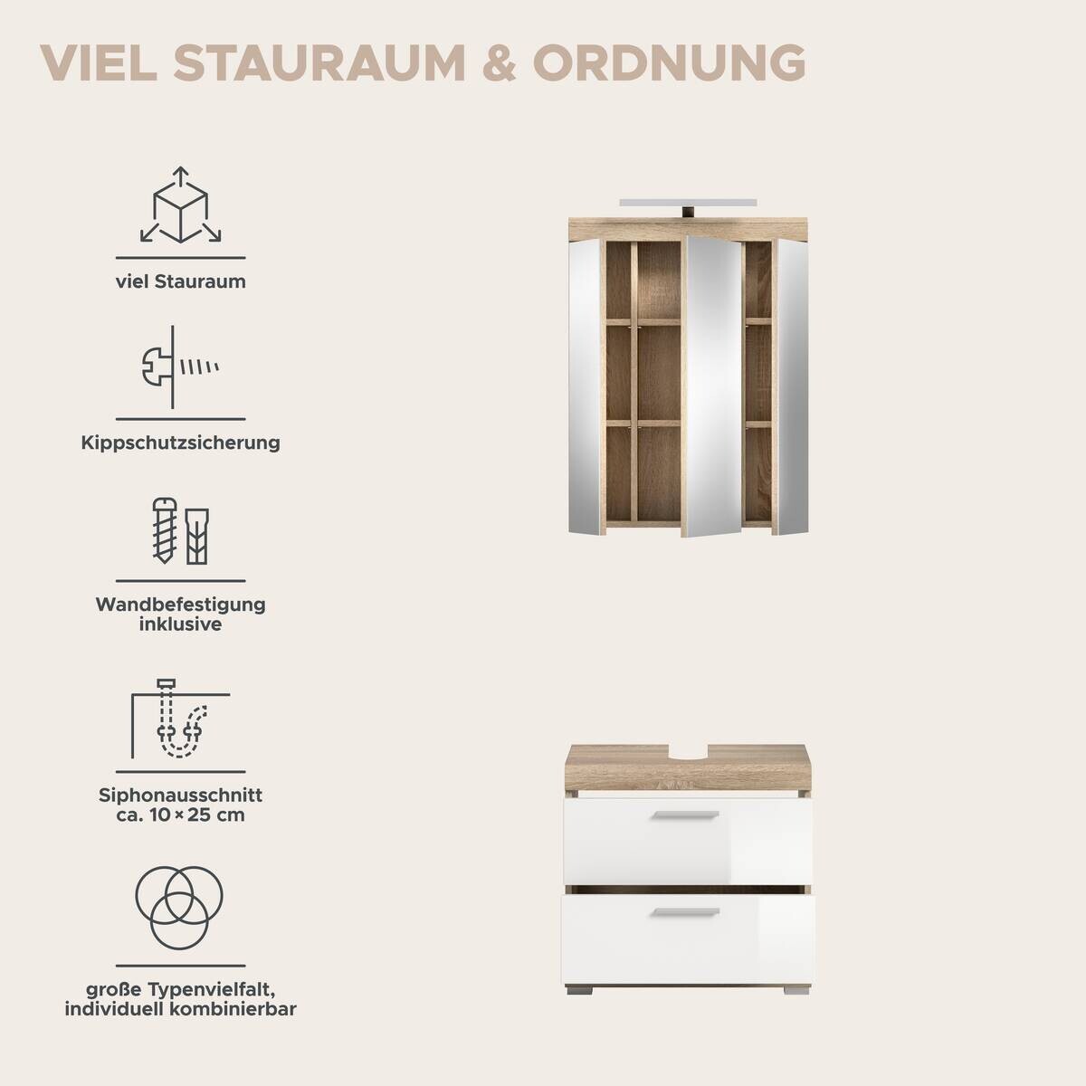 Badezimmer-Set Lambada Eiche Sonoma Nachbildung weiß Hochglanz B/H/T: ca. 60x191x37 cm