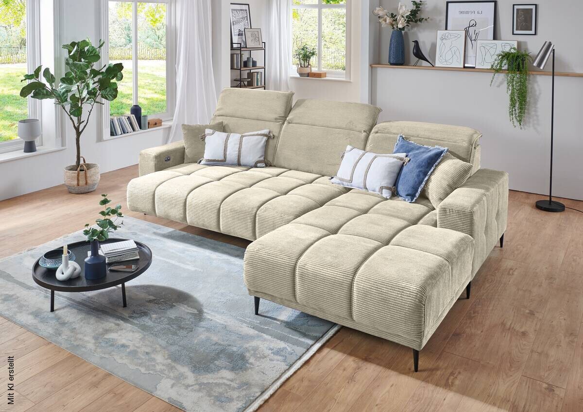 Ecksofa mit elektrischer Sitztiefenverstellung creme creme Polyester Microfaser B/H/T: ca. 286x107x115 cm