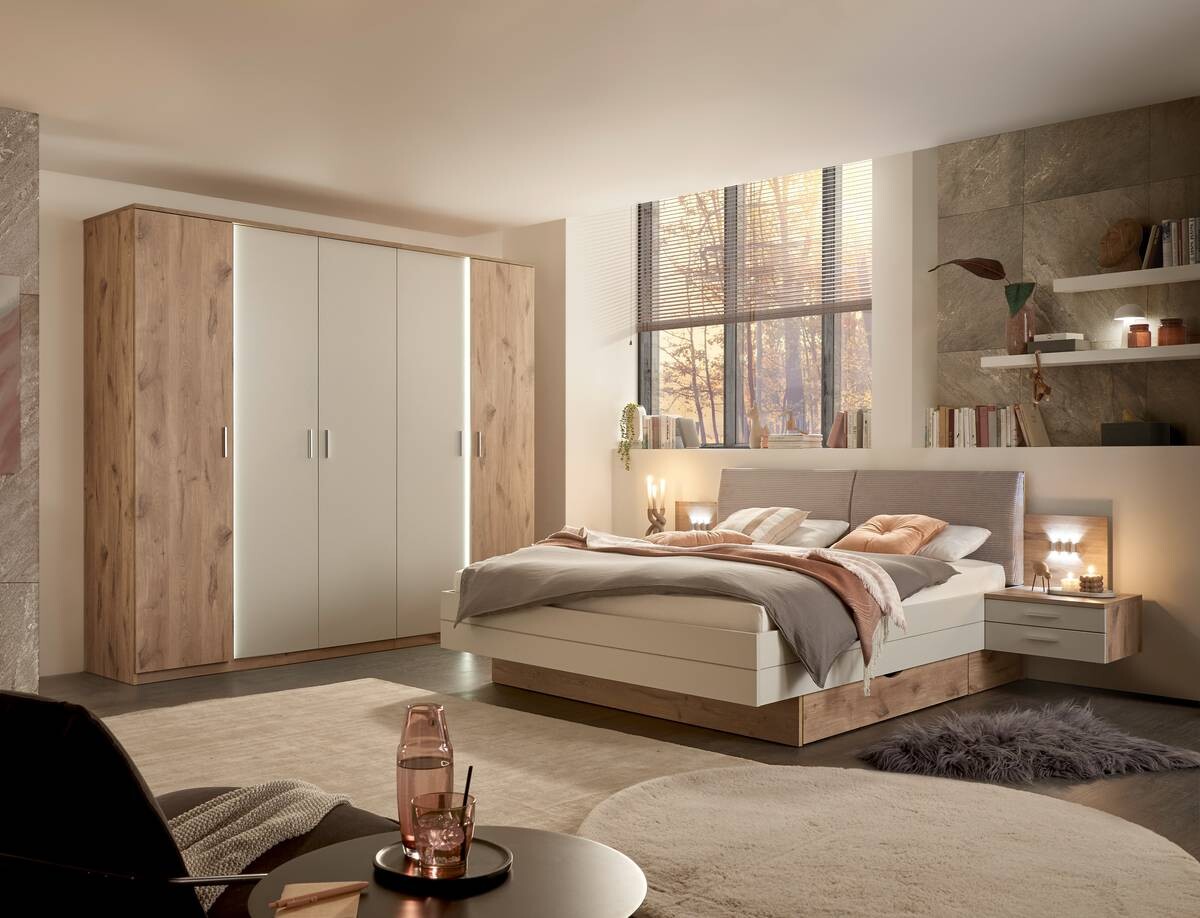 Bettanlage Moledo Eiche Viking Nachbildung hellgrau B/H/T: ca. 296x102x216 cm Liegefläche B/L: ca. 180x200 cm