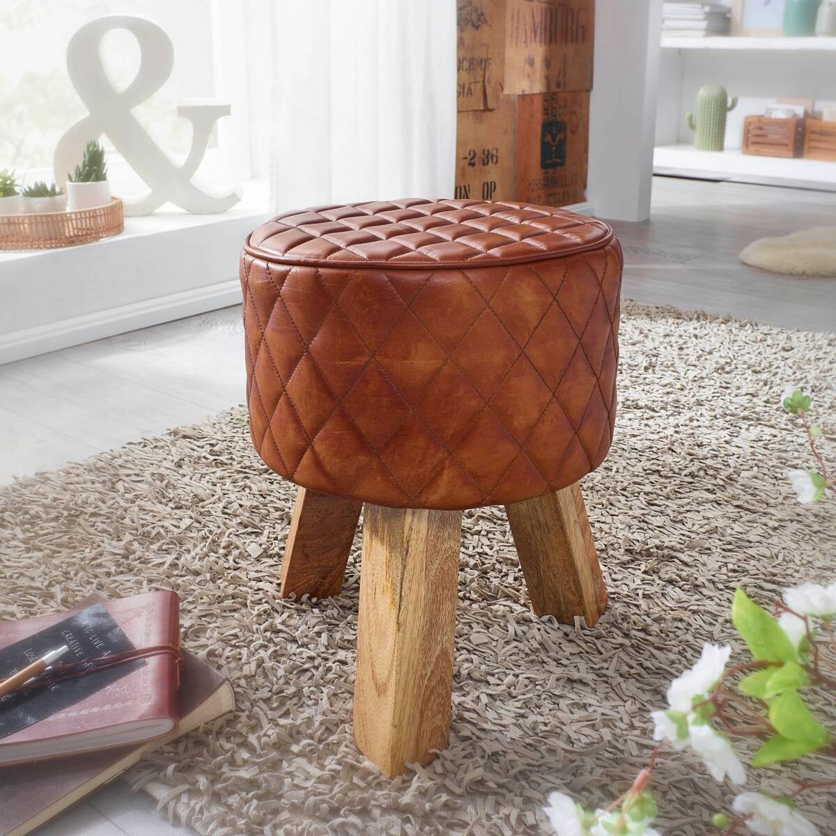 Wohnling Sitzhocker braun natur Leder Echtholz B/H/T: ca. 35x46x35 cm