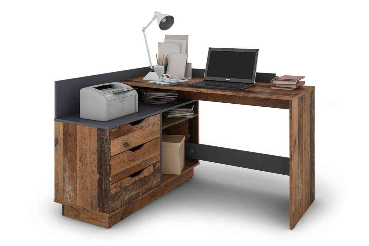 Winkelschreibtisch BELFAST anthrazit Eiche Old Wood Nachbildung B/H/T: ca. 129x83,5x105 cm