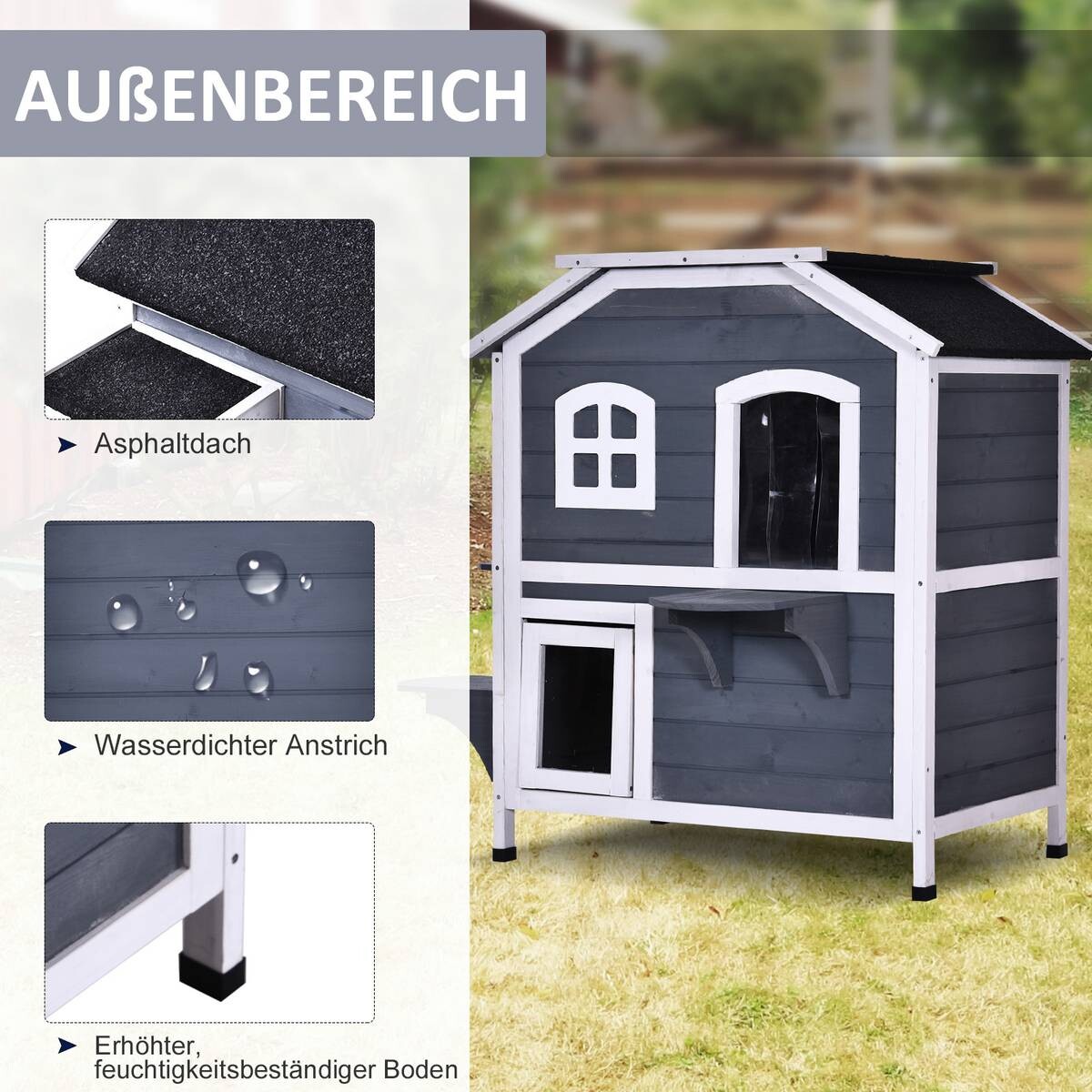 PawHut Katzenhaus grau Holz B/H/L: ca. 56x91x78 cm