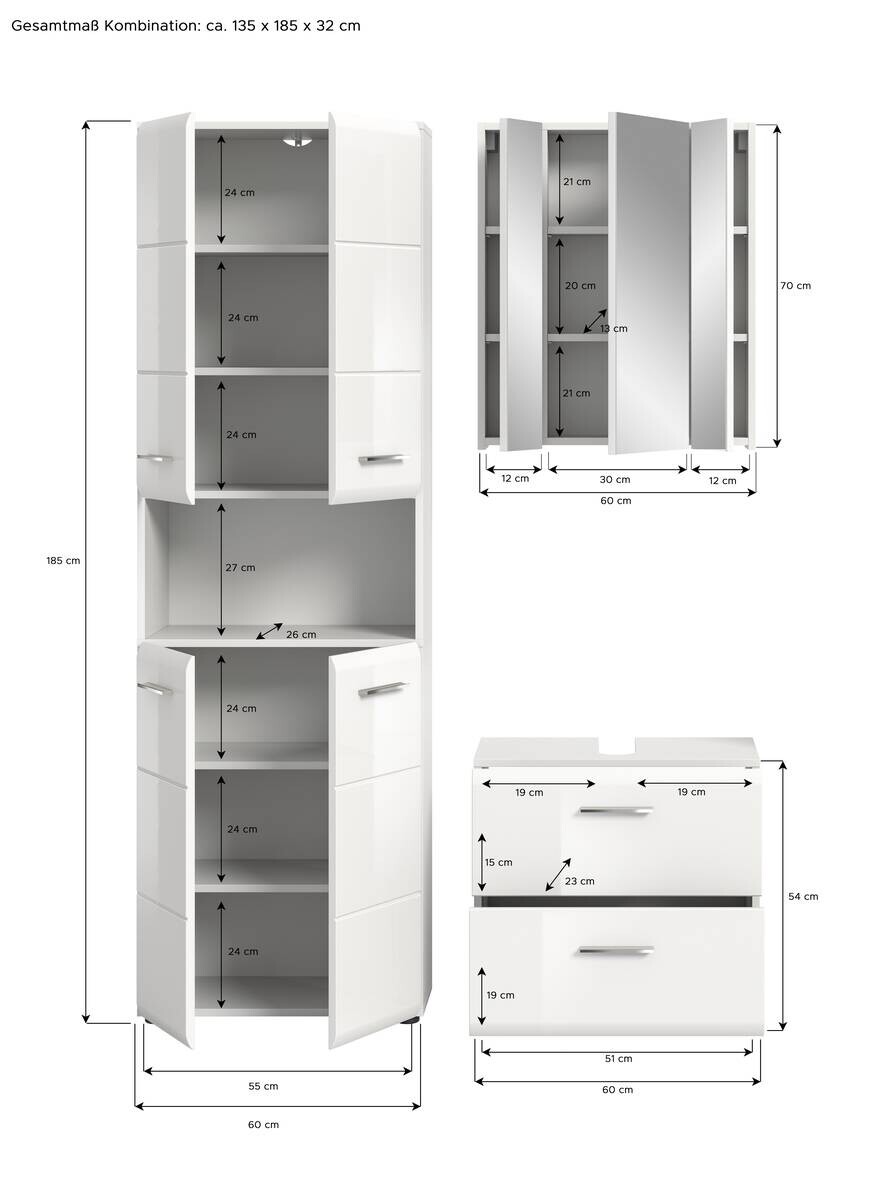 Badezimmer-Set ICE weiß weiß Hochglanz B/H/T: ca. 135x190x32 cm