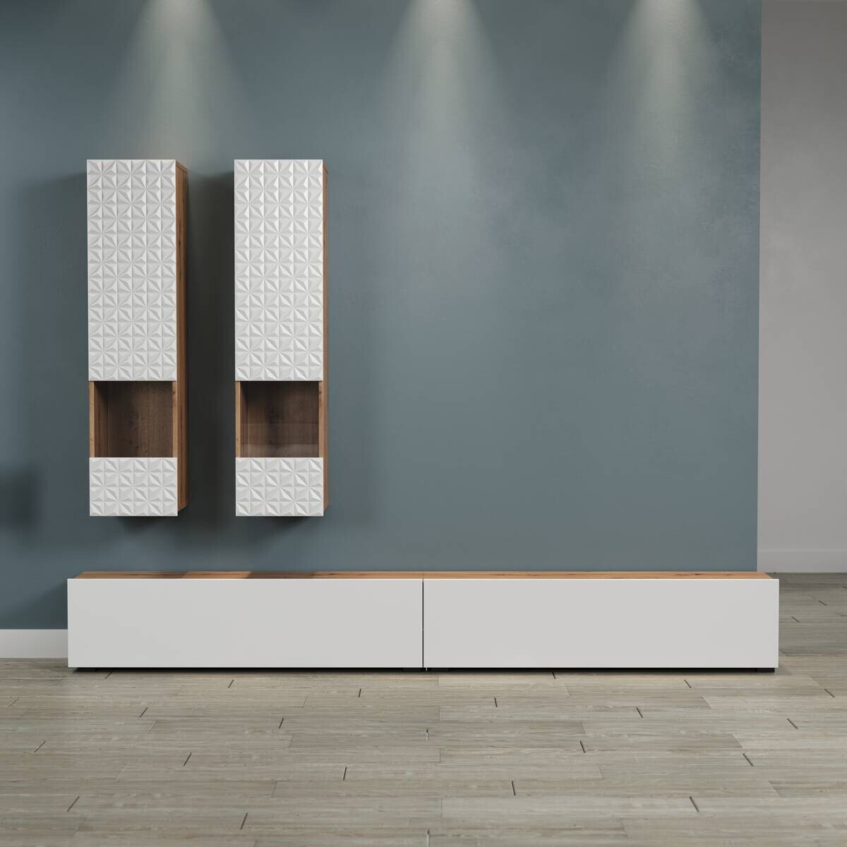 Wohnwand Rezzo weiß Oak Artisan Nachbildung B/H/T: ca. 241x200x30 cm
