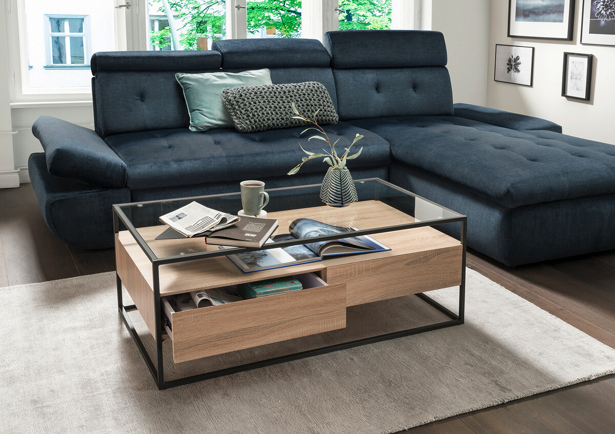 Couchtisch Bozen II glasklar Eiche Sonoma schwarz B/H/T: ca. 110x42x60 cm