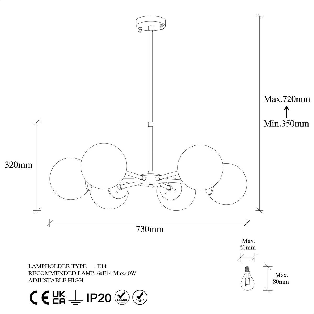 Opviq Pendelleuchte Akkas-10080 Metall Glas B/H/T/L/D: ca. 73x72x73x73x73 cm E14 6 Brennstellen