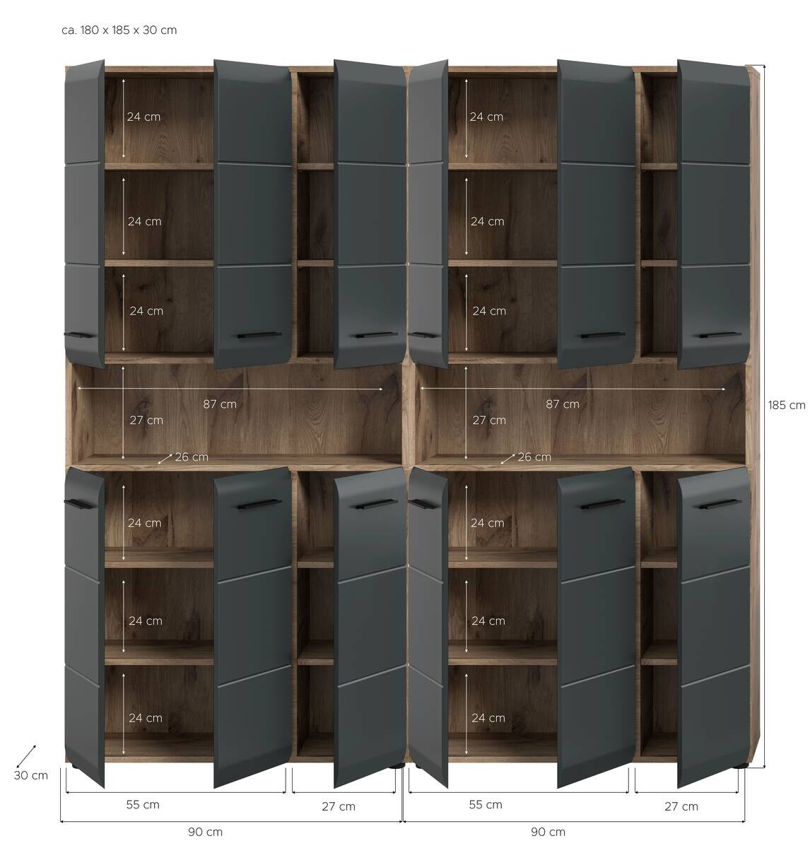 Badezimmer-Set Ice Nox Oak Nachbildung schwarz matt B/H/T: ca. 180x185x30 cm