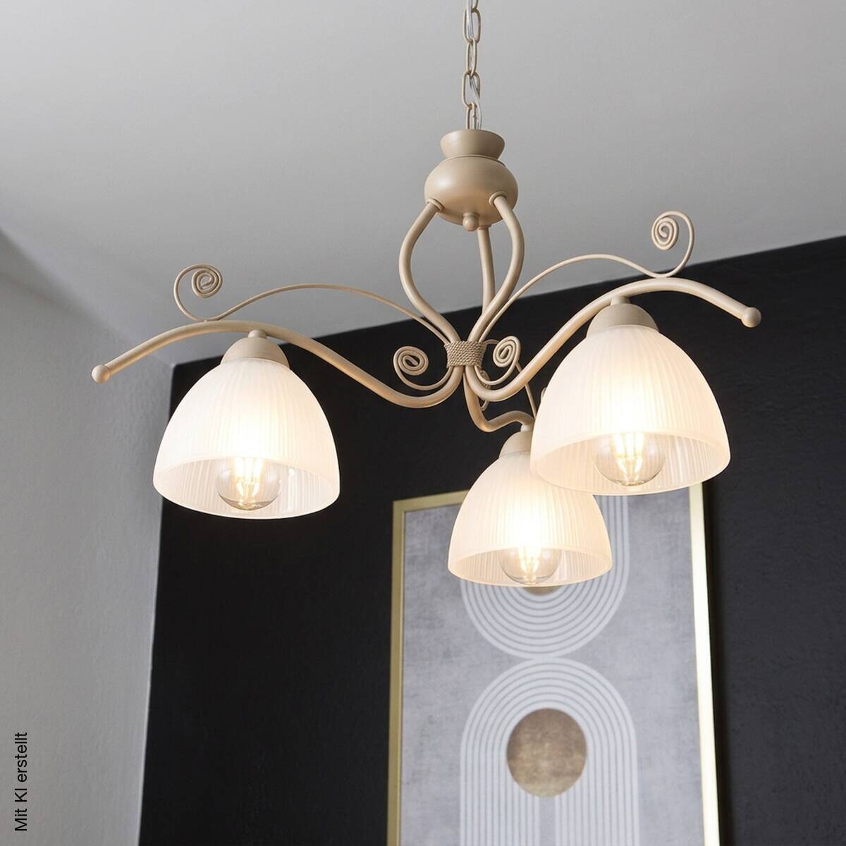 Lamkur Pendelleuchte weiß beige Stahl Glas B/H/L: ca. 41x73x41 cm E27 3 Brennstellen