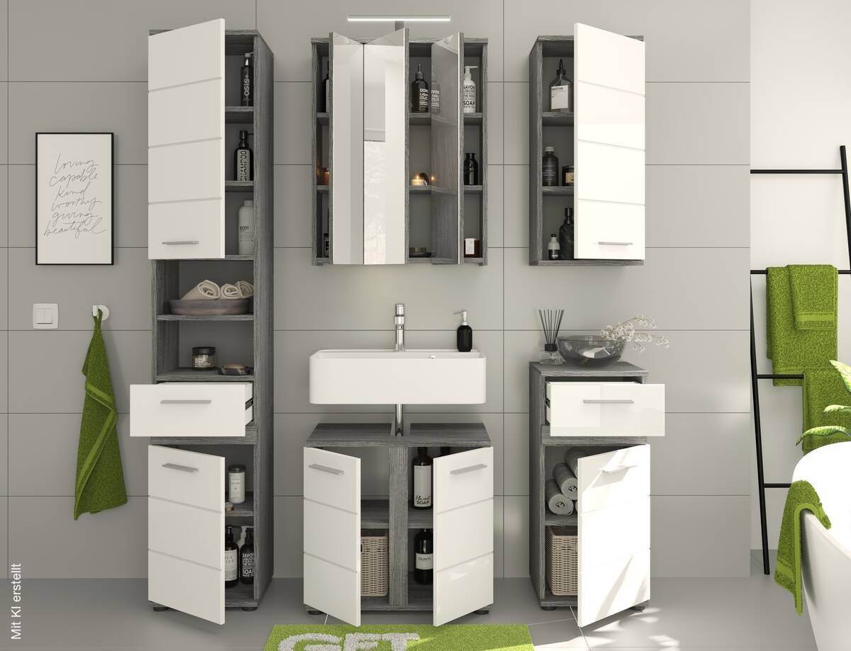 Badezimmer-Set BLAKE Rauchsilber Nachbildung weiß Hochglanz B/H/T: ca. 164x191x34 cm
