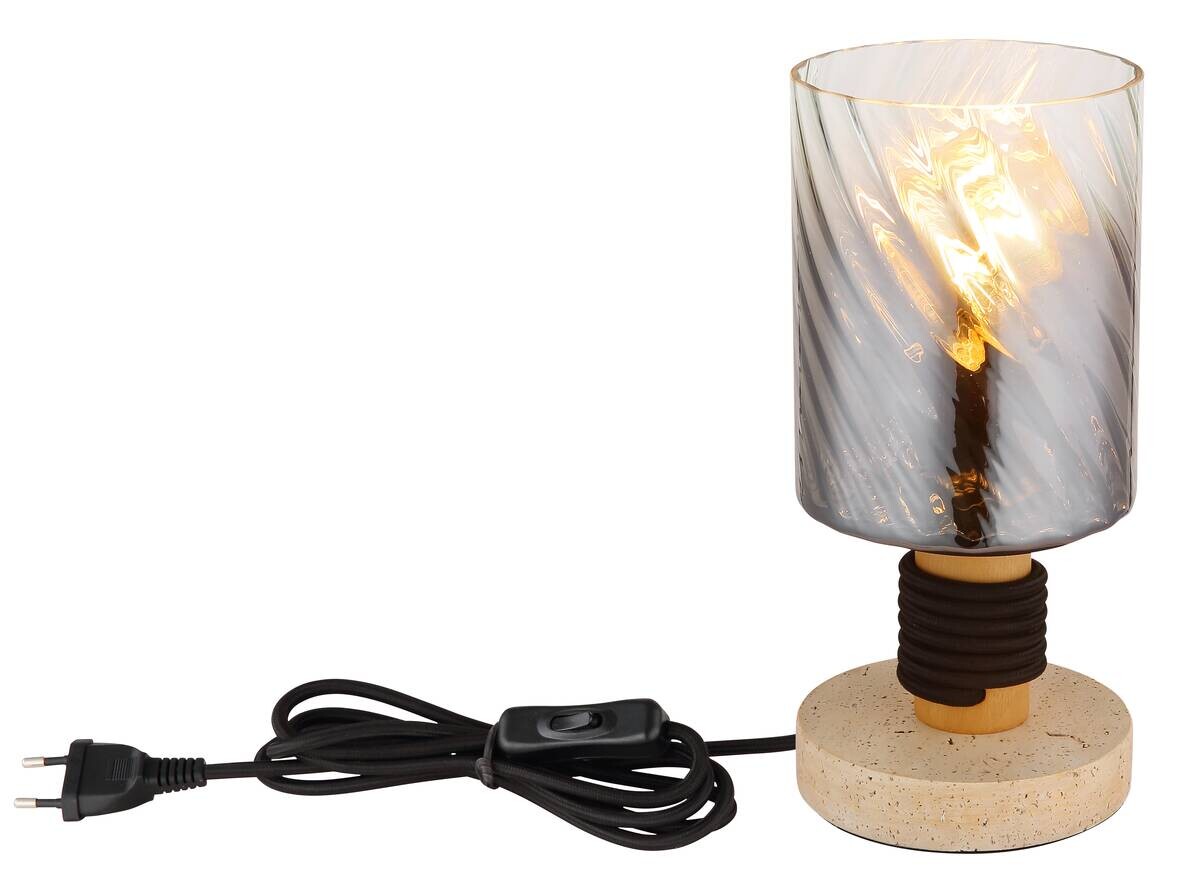 GLOBO Tischleuchte travertinbraun Rauch Glas Holz Beton H/D: ca. 25,4x12 cm E27 1 Brennstellen