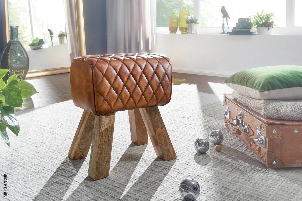 Wohnling Sitzbank braun natur Leder Echtholz B/H/T: ca. 40x40x27 cm