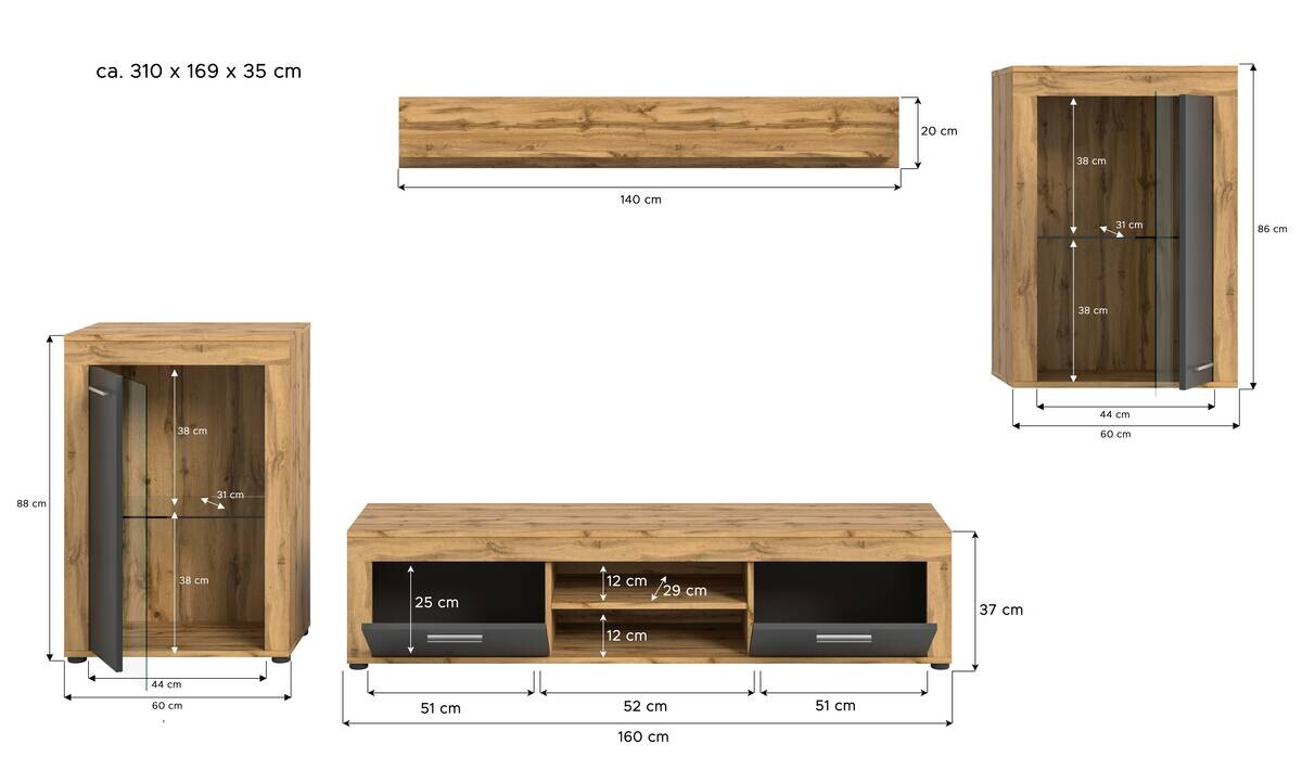 Wohnwand Jam Eiche Wotan Nachbildung grau B/H/T: ca. 310x169x35 cm