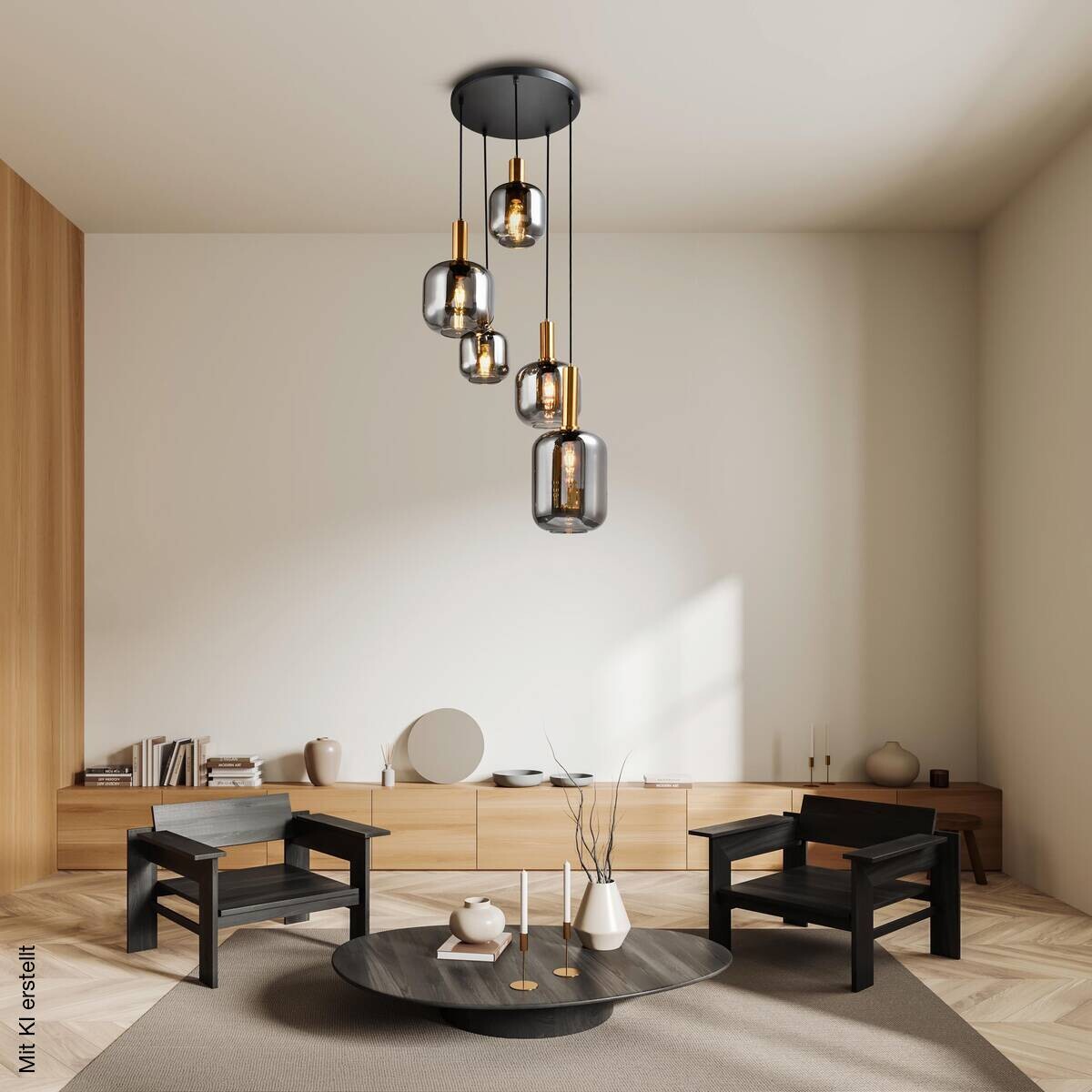 Näve Leuchten Pendelleuchte 7095822 schwarz Metall Glas T/D: ca. 150x55 cm E27 5 Brennstellen