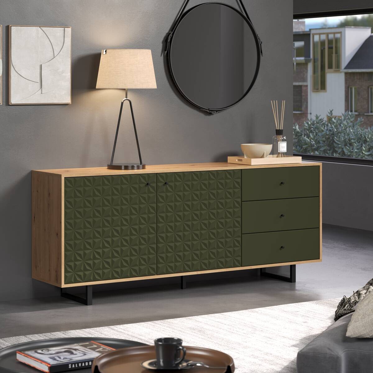 Sideboard Sentra Eiche Artisan Nachbildung grün dunkel B/H/T: ca. 183x75x40 cm