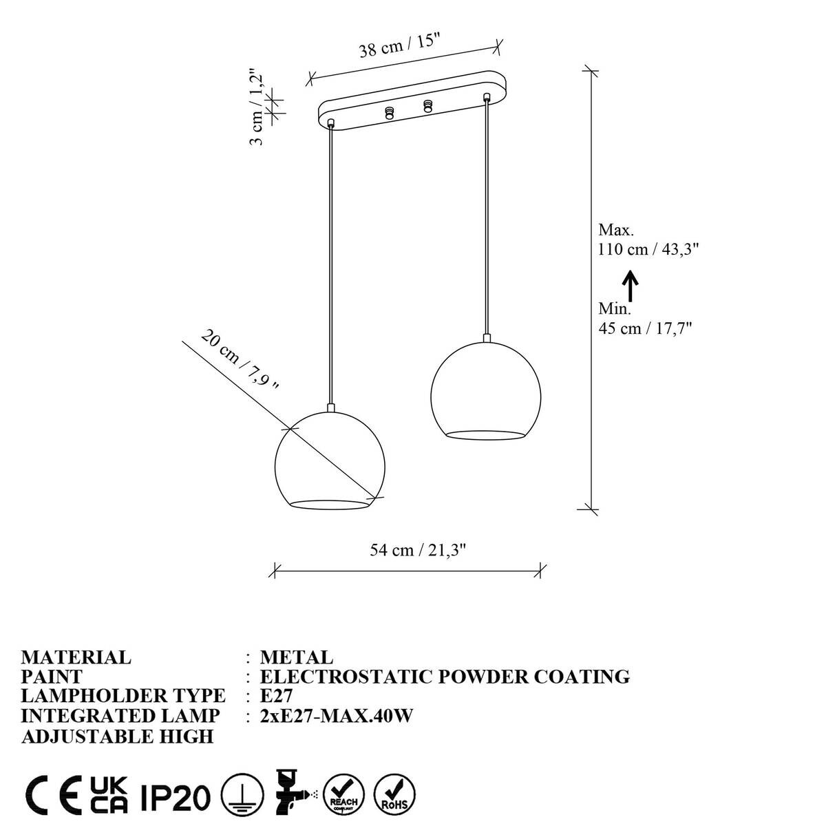 Opviq Pendelleuchte B/H/T: ca. 20x110x20 cm E27 2 Brennstellen