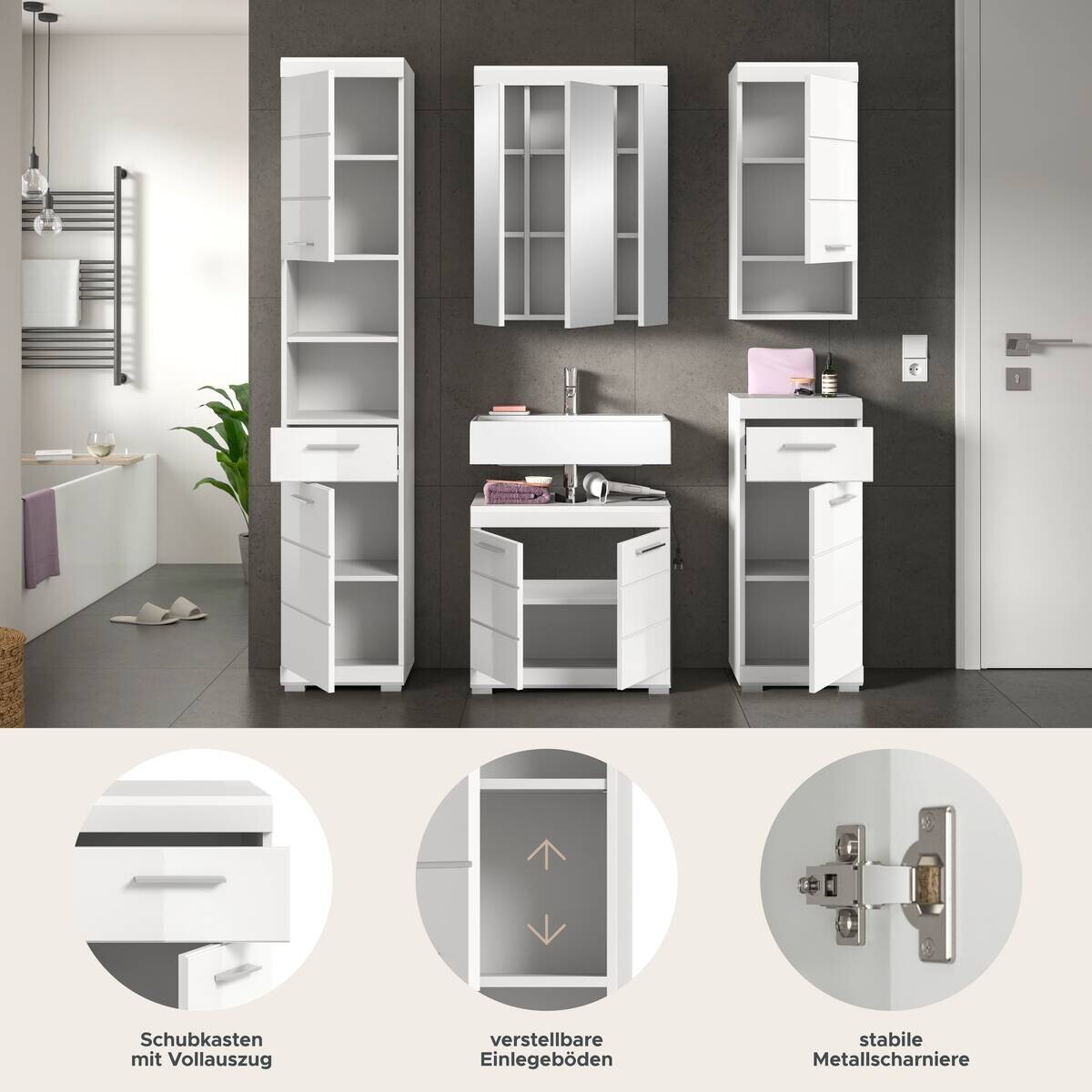 Badezimmer-Set Scout weiß weiß Hochglanz B/H/T: ca. 164x191x34 cm