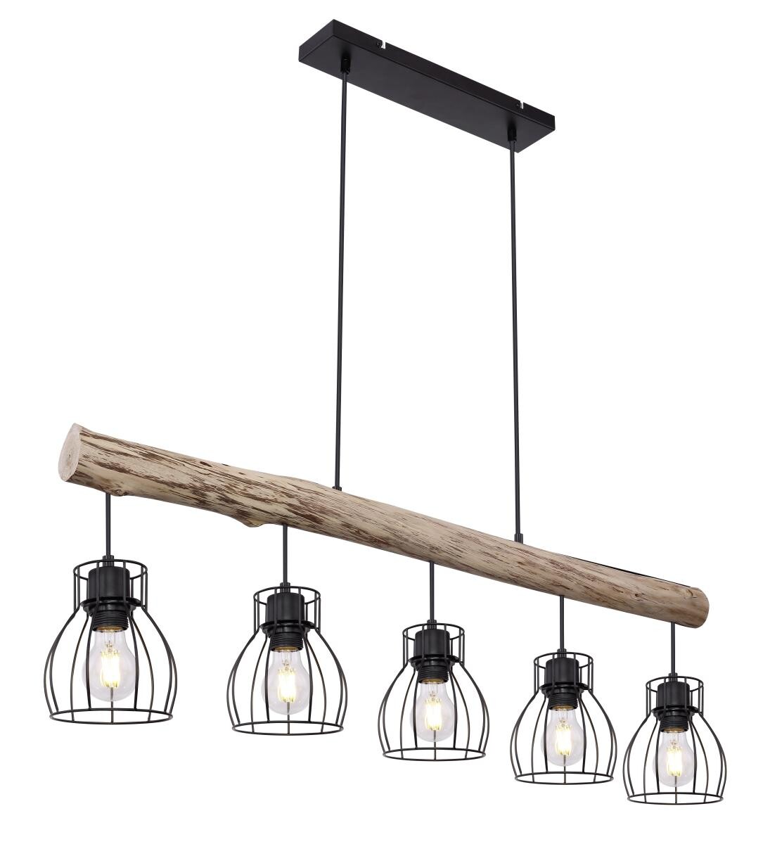 GLOBO Pendelleuchte 15326-5N schwarz natur Holz Metall B/H: ca. 104x140 cm E27 5 Brennstellen