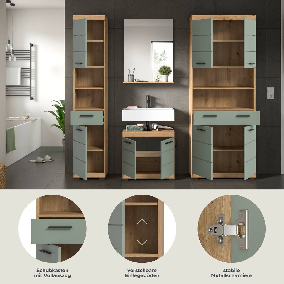 Badezimmer-Set Scout Eiche Artisan Nachbildung salbei Nachbildung B/H/T: ca. 186x191x34 cm
