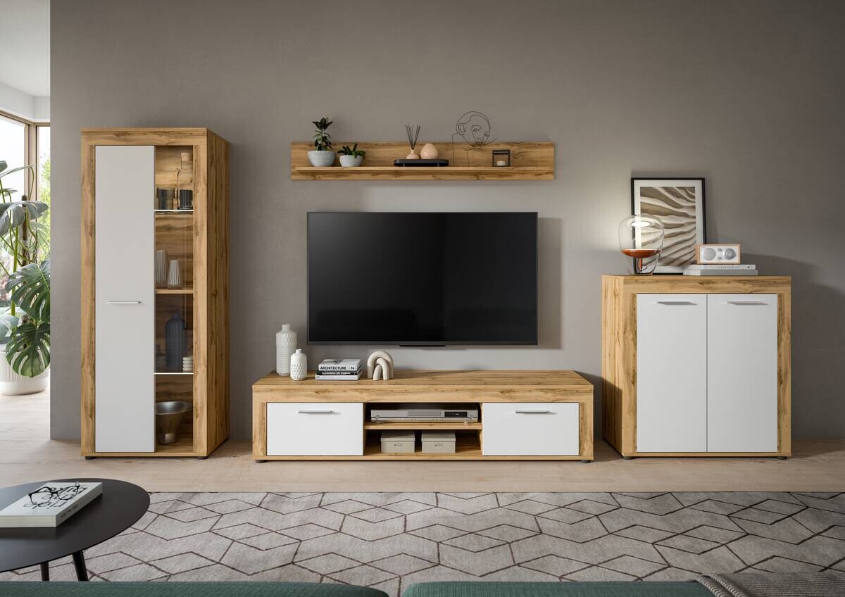 Wohnwand Jam Eiche Wotan Nachbildung weiß B/H/T: ca. 330x159x35 cm