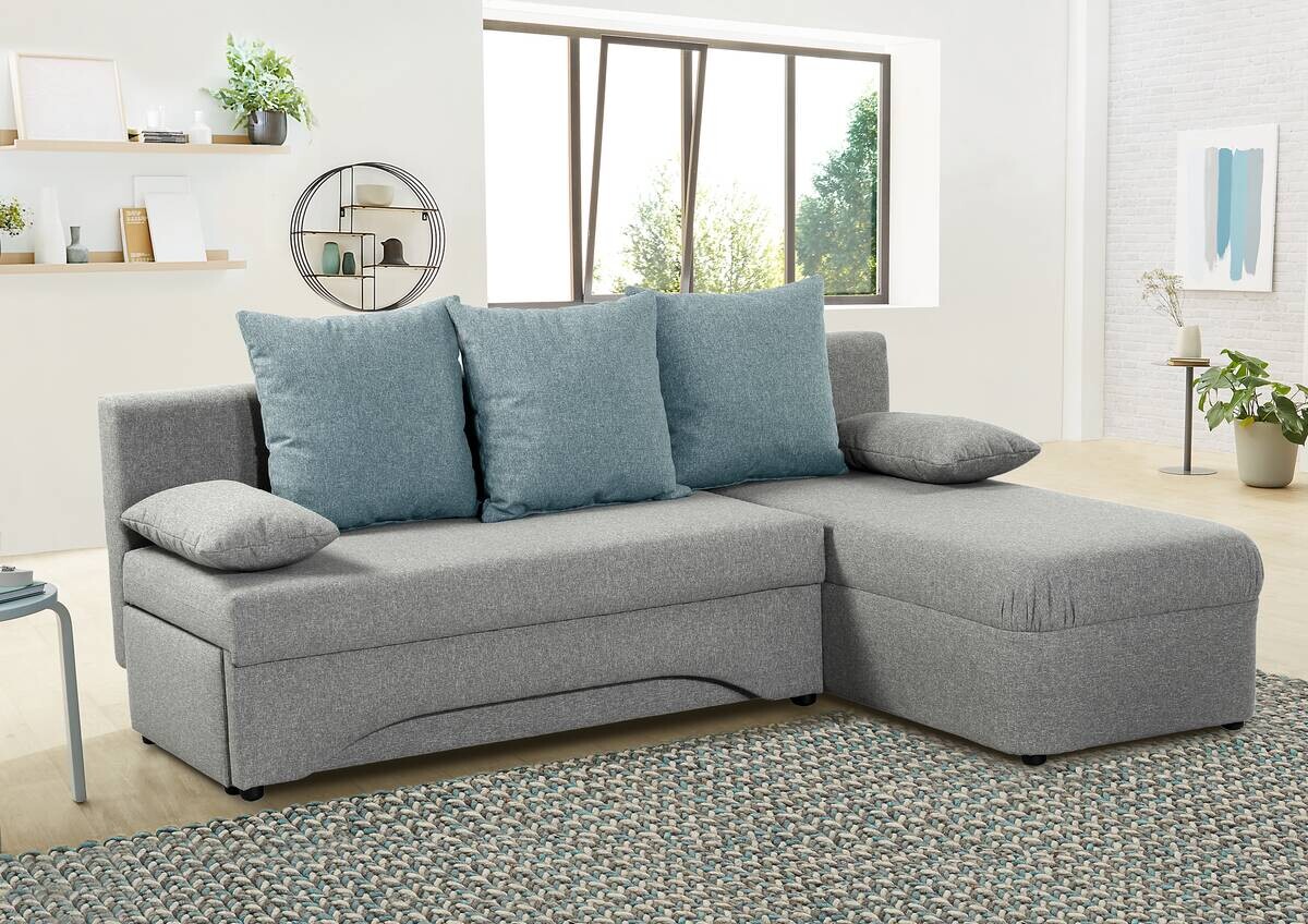 Ecksofa mit Bettfunktion und Bettkasten hellgrau Feinstruktur B/H/T: ca. 191x70x142 cm