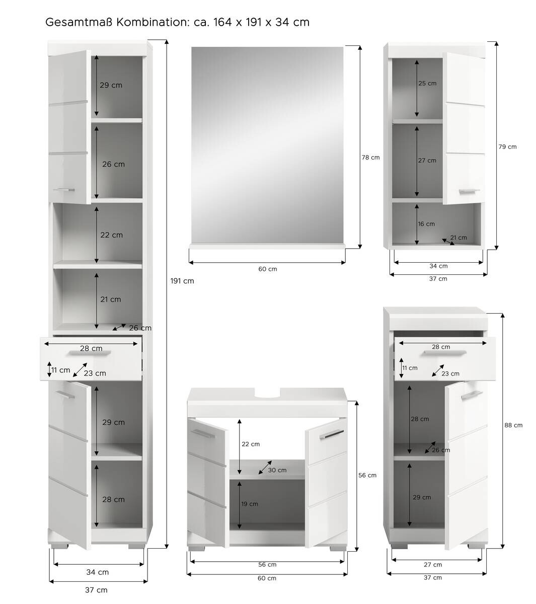 Badezimmer-Set Scout weiß weiß Hochglanz B/H/T: ca. 164x191x34 cm