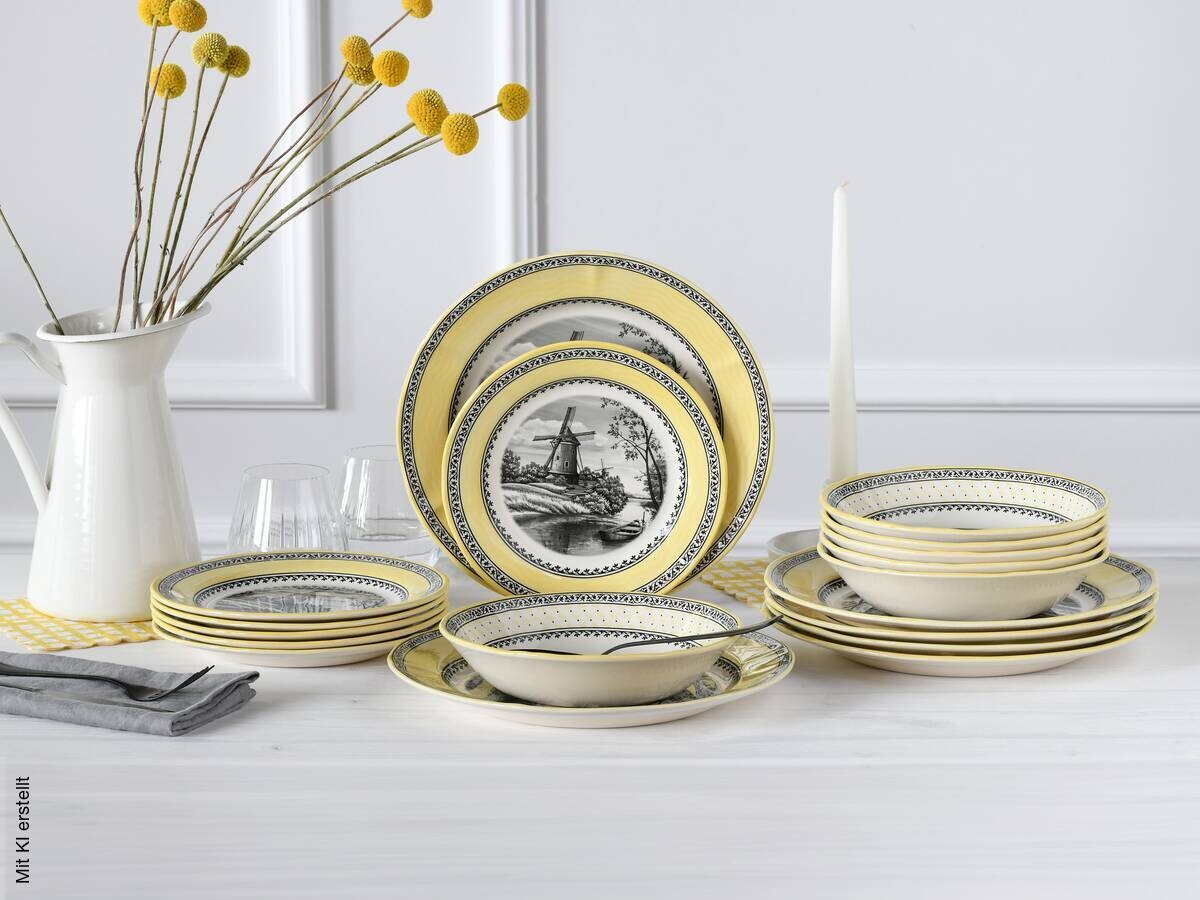 CreaTable Servierschalen-Set Windmühle gelb Steingut 18 tlg.