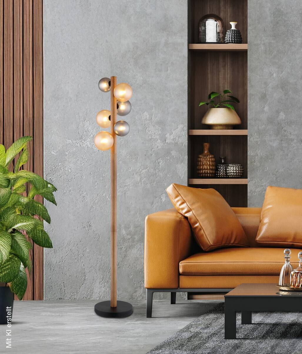 GLOBO Stehlampe dunkelbraun Rauch amber Holz Glas Metall H/D: ca. 150x29 cm 6 Brennstellen