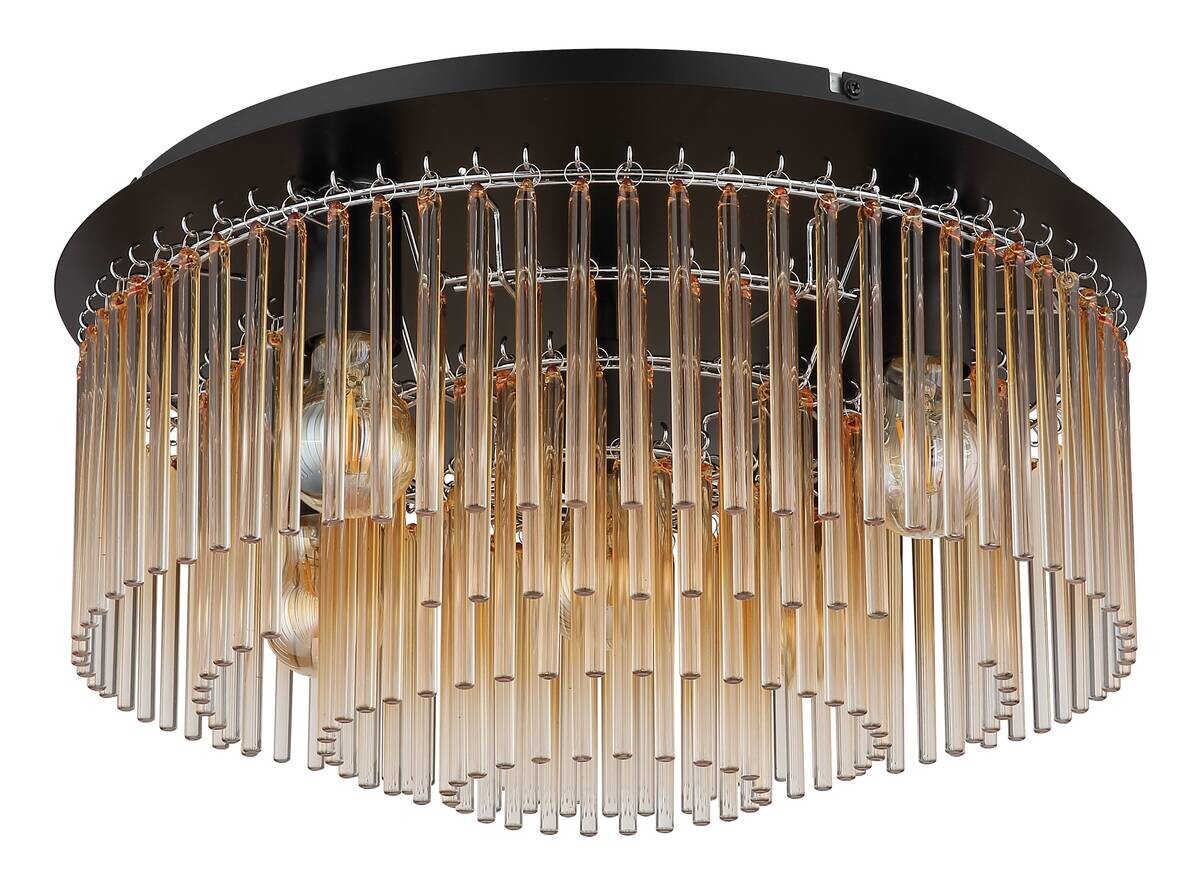 GLOBO Deckenleuchte amber Chrom mattschwarz Metall Glas H/D: ca. 25x50 cm E27 5 Brennstellen