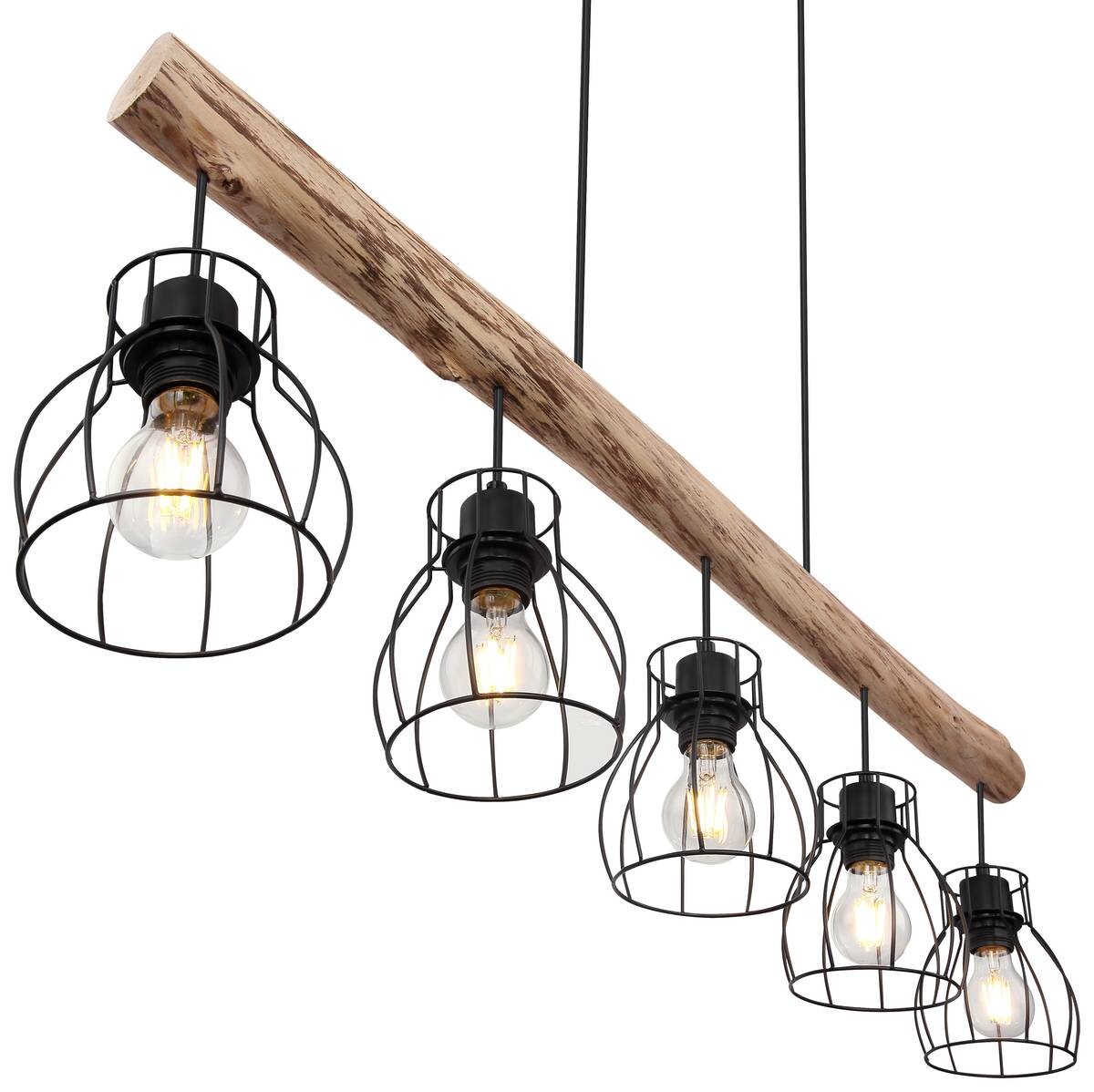 GLOBO Pendelleuchte Mina natur schwarz Holz Metall B/H: ca. 104x140 cm E27 5 Brennstellen