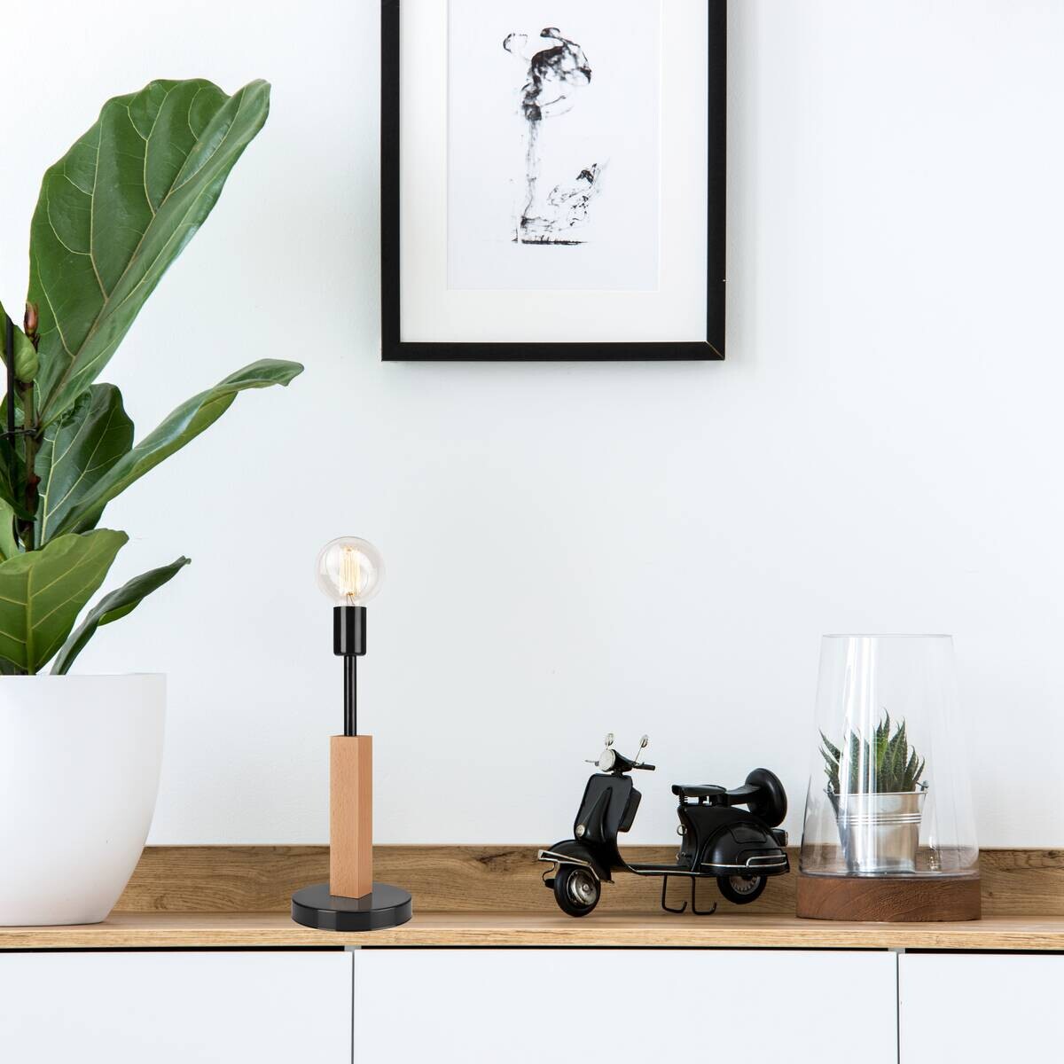 Lamkur Tischlampe schwarz Holz Stahl B/H/L: ca. 19x17x44 cm E27 1 Brennstellen