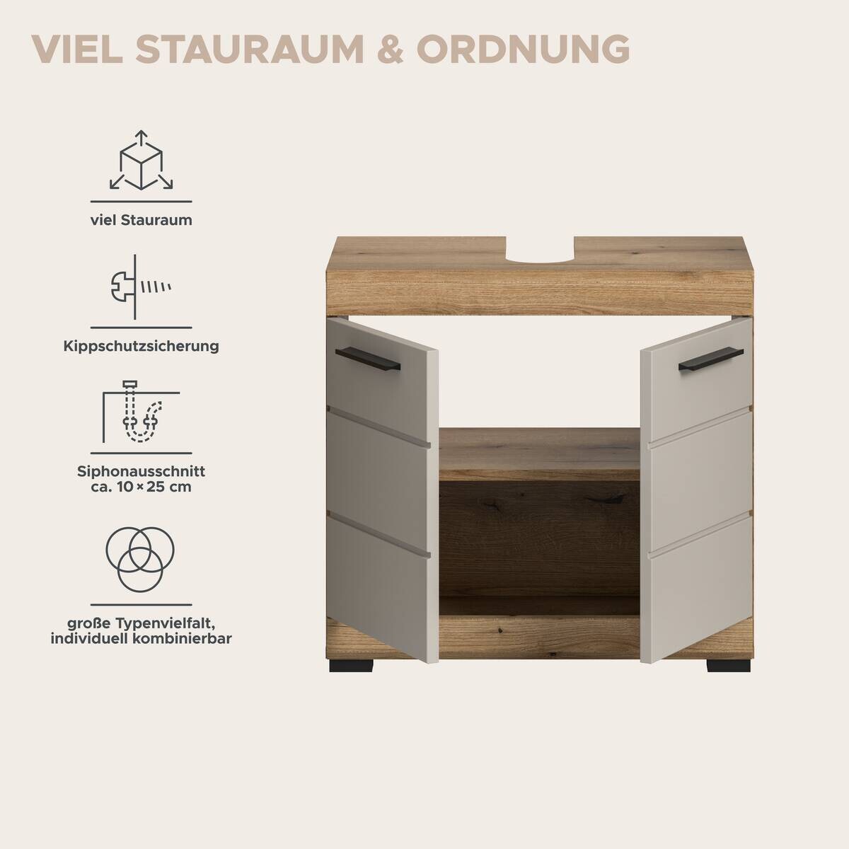 Waschbeckenunterschrank Scout Evoke Oak Nachbildung Kaschmirgrau Nachbildung B/H/T: ca. 60x56x34 cm