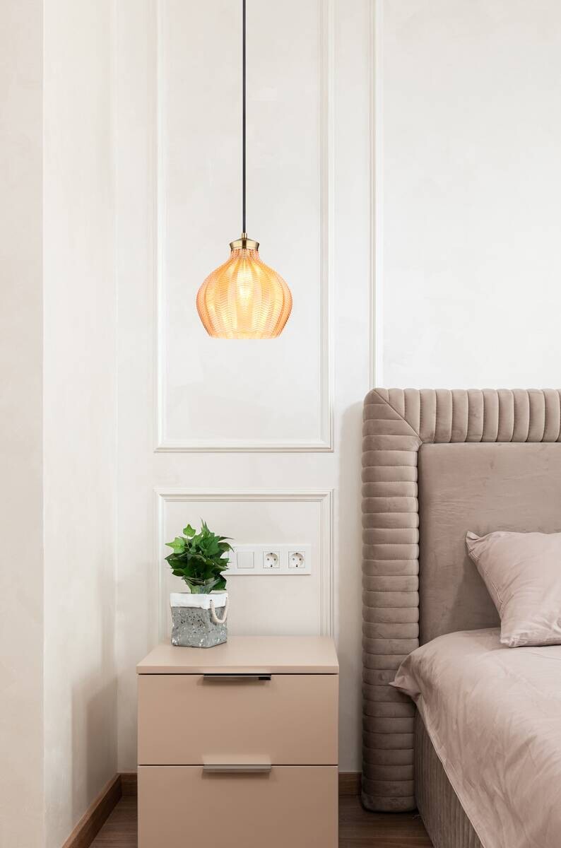 GLOBO Pendelleuchte gold amber schwarz Metall Glas Textil H/D: ca. 120x22 cm E27 1 Brennstellen