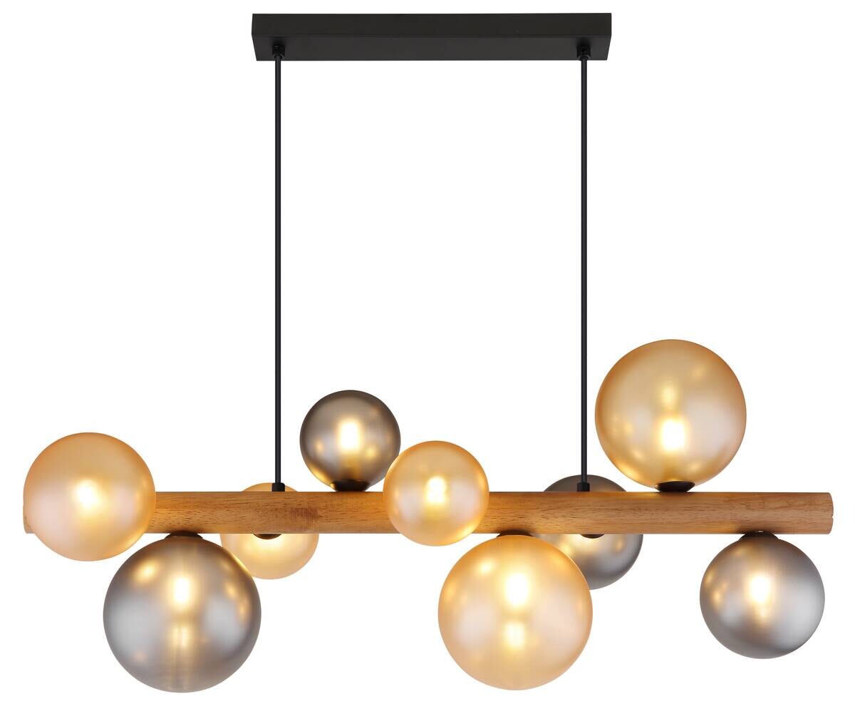 GLOBO LED-Hängeleuchte dunkelbraun amber Rauch Holz Metall Glas B/H/L: ca. 29x150x78 cm 9 Brennstellen