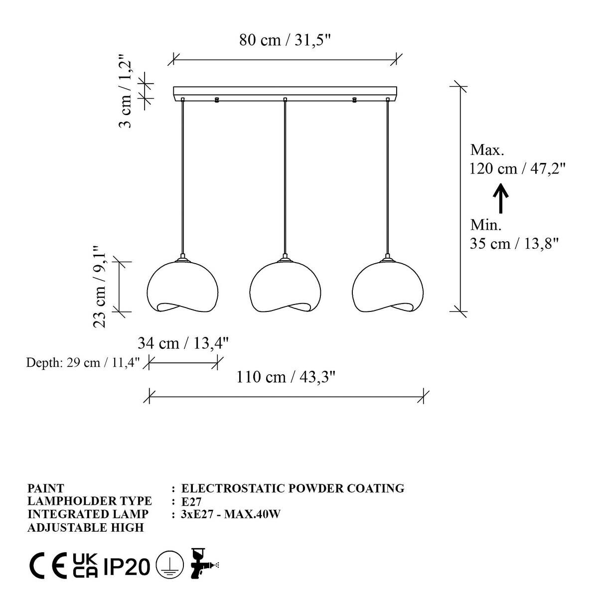 Opviq Pendelleuchte Yontu-15853-A weiß Metall Polyester-Mischgewebe B/H/L: ca. 29x120x34 cm E27 3 Brennstellen