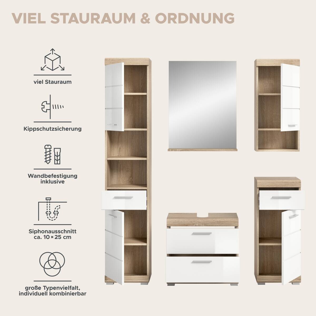 Badezimmer-Set Lambada Eiche Sonoma Nachbildung weiß Hochglanz B/H/T: ca. 164x191x37 cm