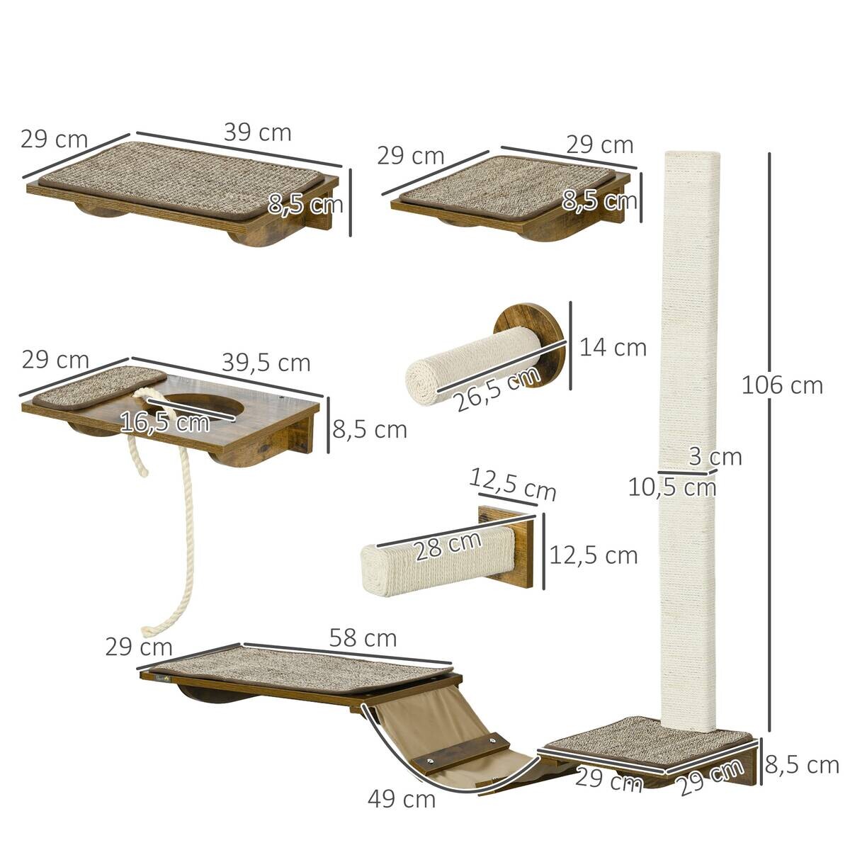 PawHut Katzenregal-Set braun Sisal B/H/L: ca. 29x8,5x136 cm