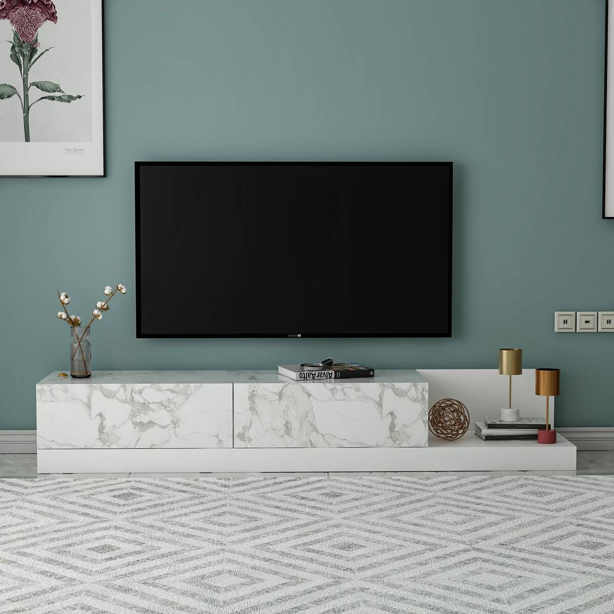 TV-Lowboard Majör weiß Marmoroptik B/H/T: ca. 180x30x37 cm
