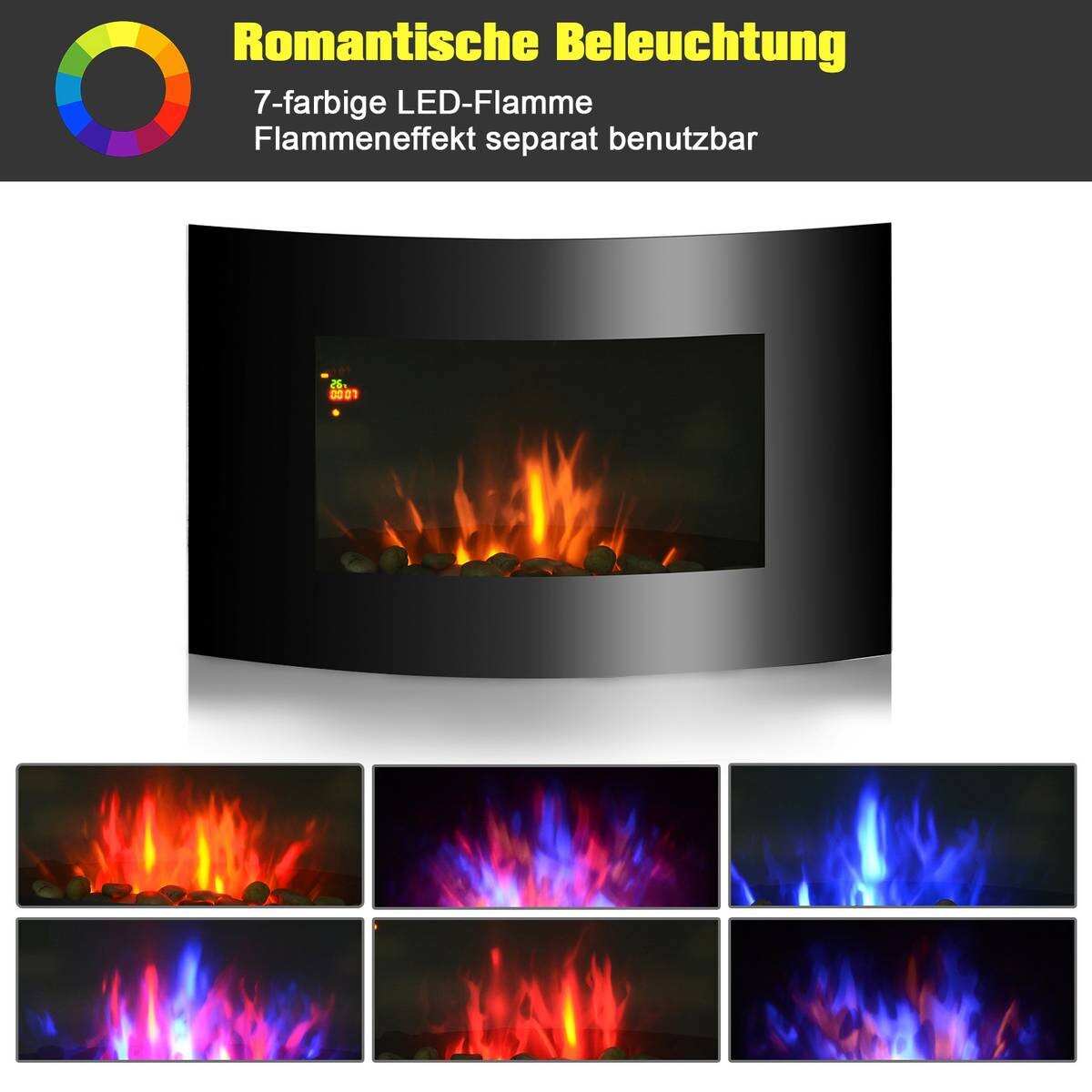 HOMCOM Elektrischer-Kamin 820-014 schwarz Edelstahl Glas B/H/T: ca. 65x52x11,4 cm ca. 1800 W