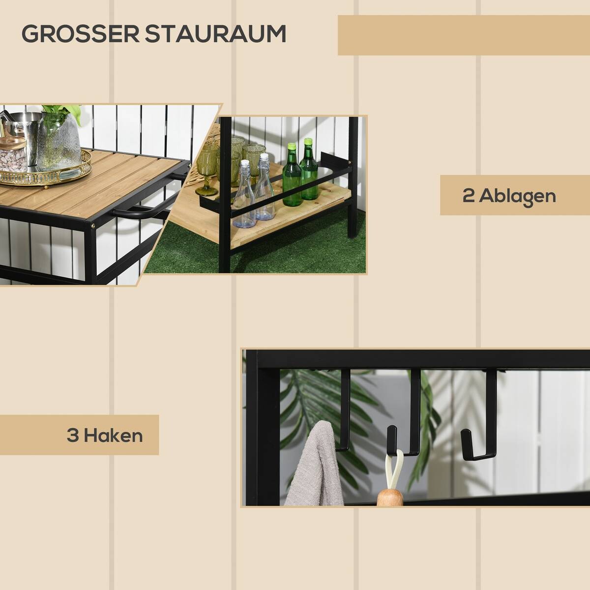 Outsunny Servierwagen natur Stahl B/H/L: ca. 65x80x107 cm