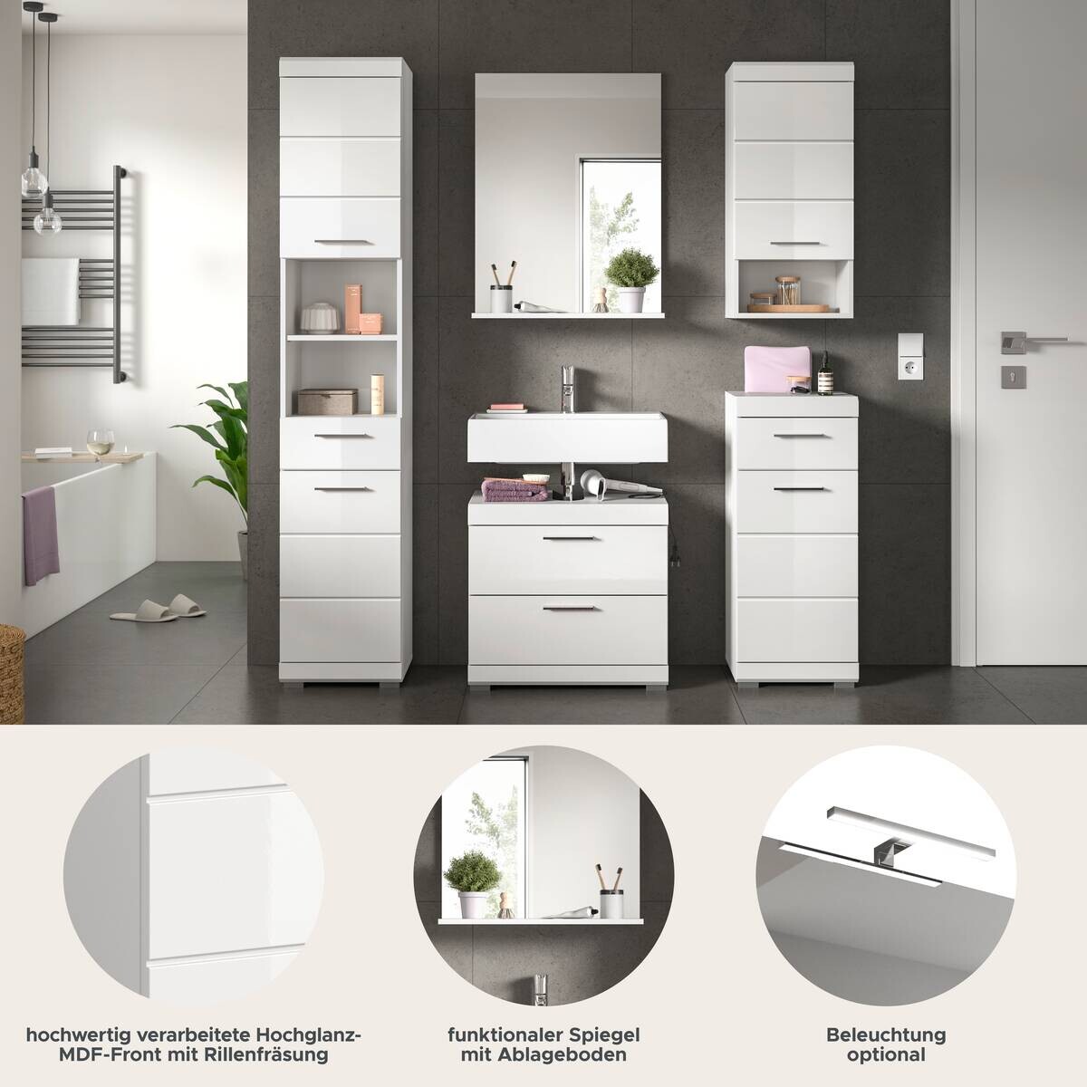 Badezimmer-Set Scout weiß weiß Hochglanz B/H/T: ca. 164x191x34 cm